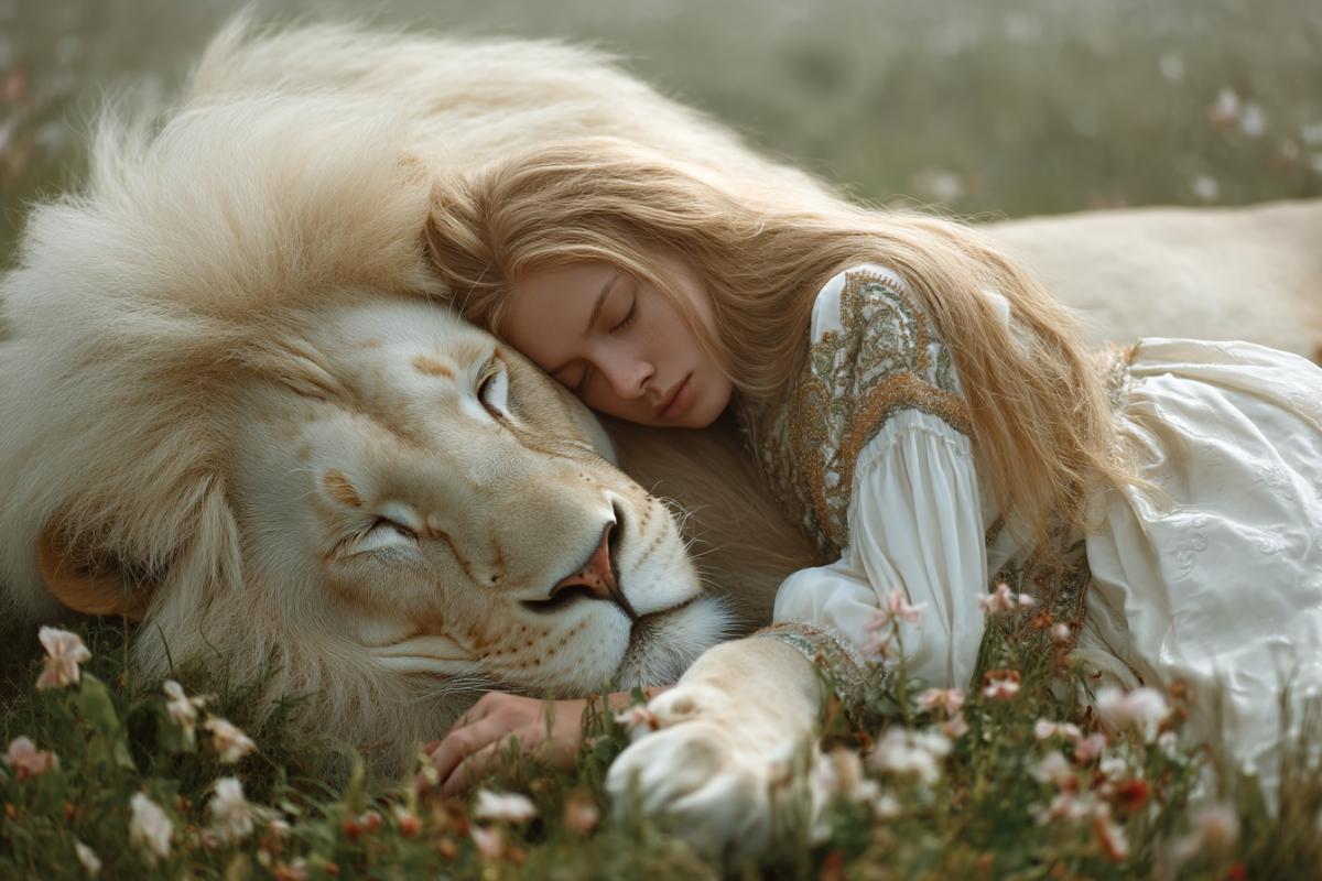 A beautiful young girl and a majestic white lion sleep, lying side by side in a flowering meadow. The girl in a light light dress, her long hair is spread on the grass, her face is calm, her eyes are closed. The White Leo lies close, his front paw gently hugs the girl, a large muzzle is pressed to her shoulder. Both are completely relaxed, an expression of absolute peace and trust. Morning light, light haze, around the field flowers. Taking off from above at an angle, an emphasis on a 4k, textures of wool and fabric, an 4k and magical atmosphere. Hyperrealism, soft light,