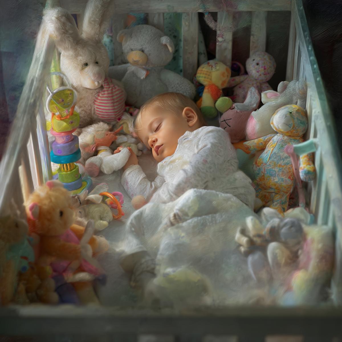 The baby sleeps sweetly in the crib, he is surrounded by toys, white iridescent tones, tenderness, photo Realist graphics, high detail