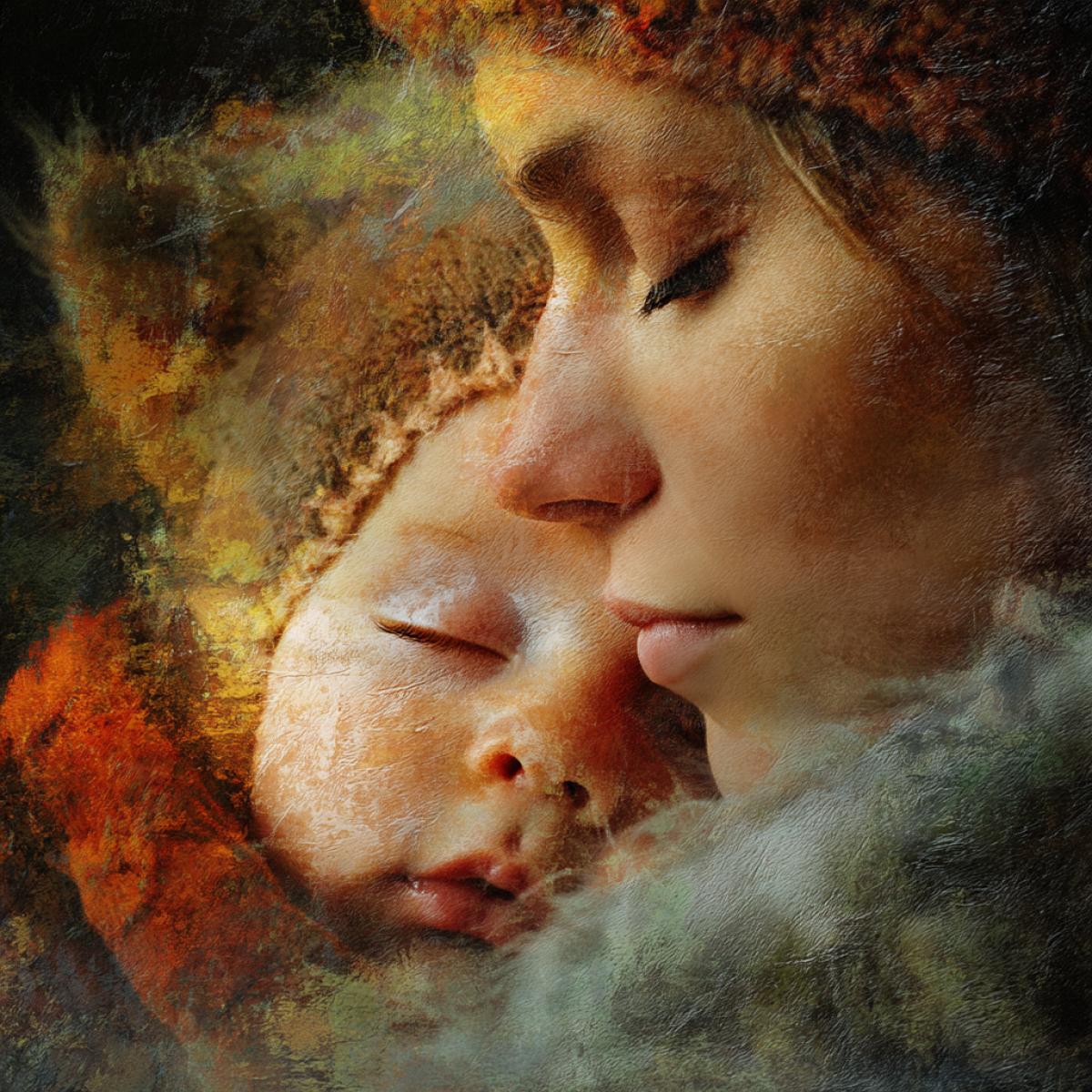 The little baby sleeps sweetly with his mother, a calm atmosphere reigns, bright colors, a largescale picture, a photo of realistic graphics, high detail and resolution