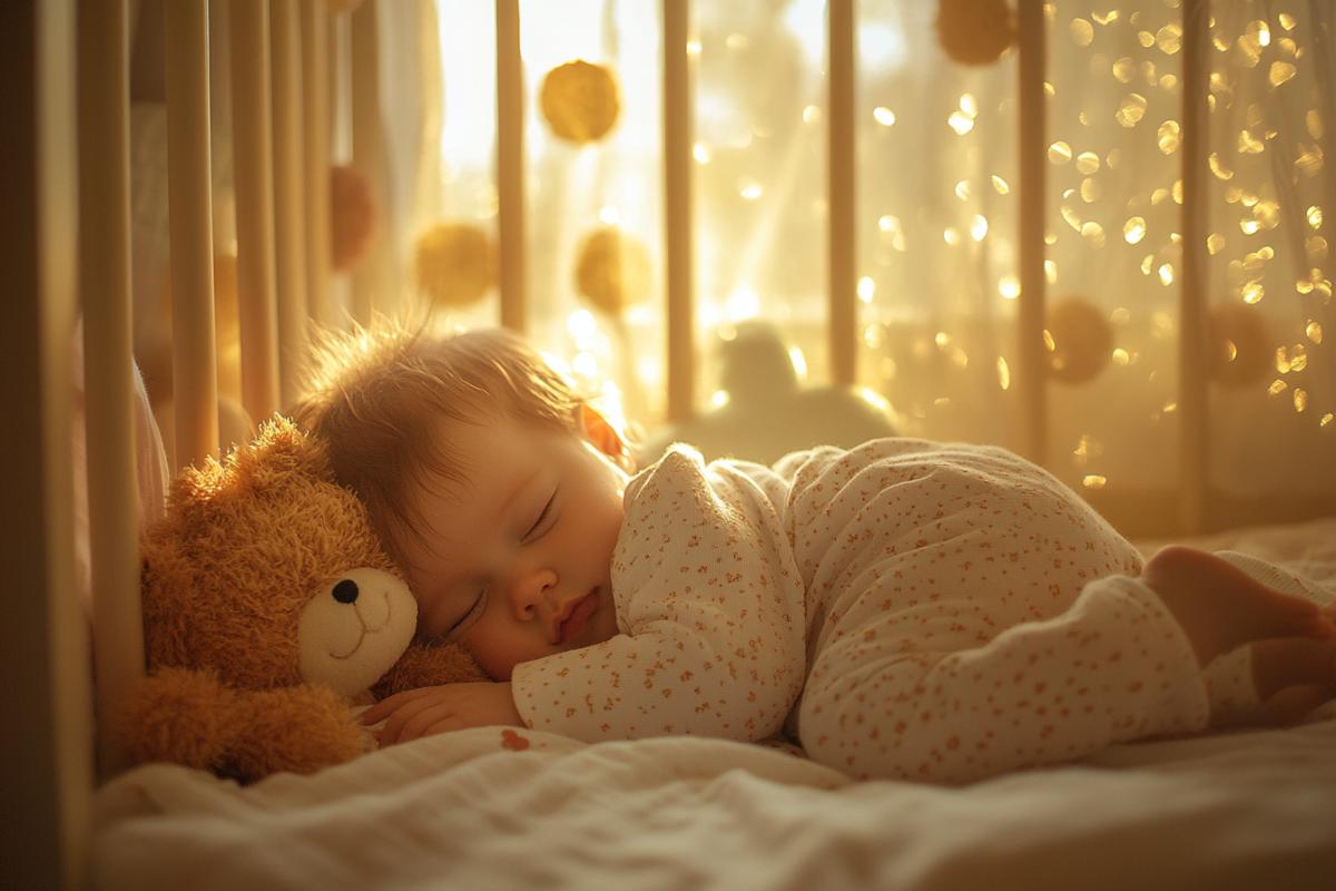 A small sweet child in his crib, a golden light in the room, and toys, and a sunlight breaks out of the window, and the child sleeps in a hug with his friend, sweet and fluffy, both reddish.