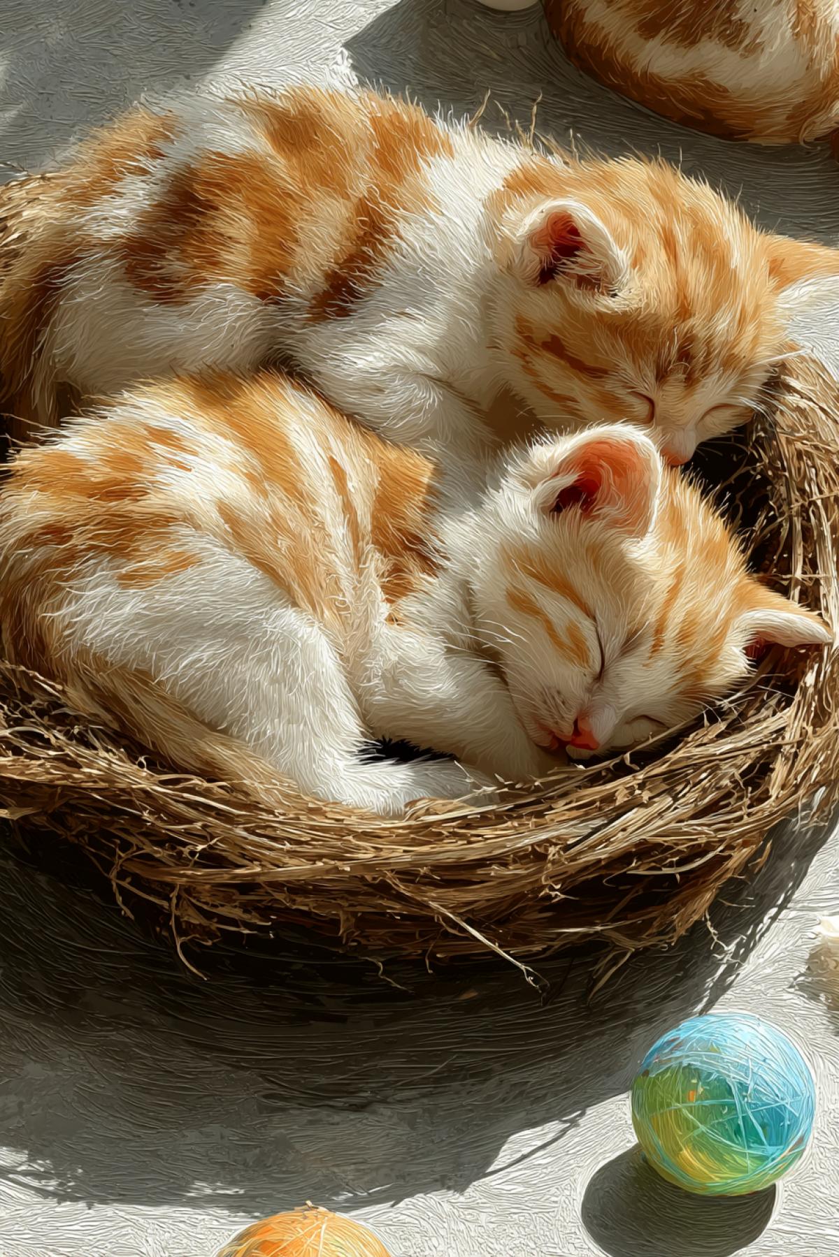 Three sweetly sleeping little kitten in their basket, the room is golden light, and toys, and a sunlight breaks out of the window, cute and fluffy, two redheads, and one striped, childrens illustration