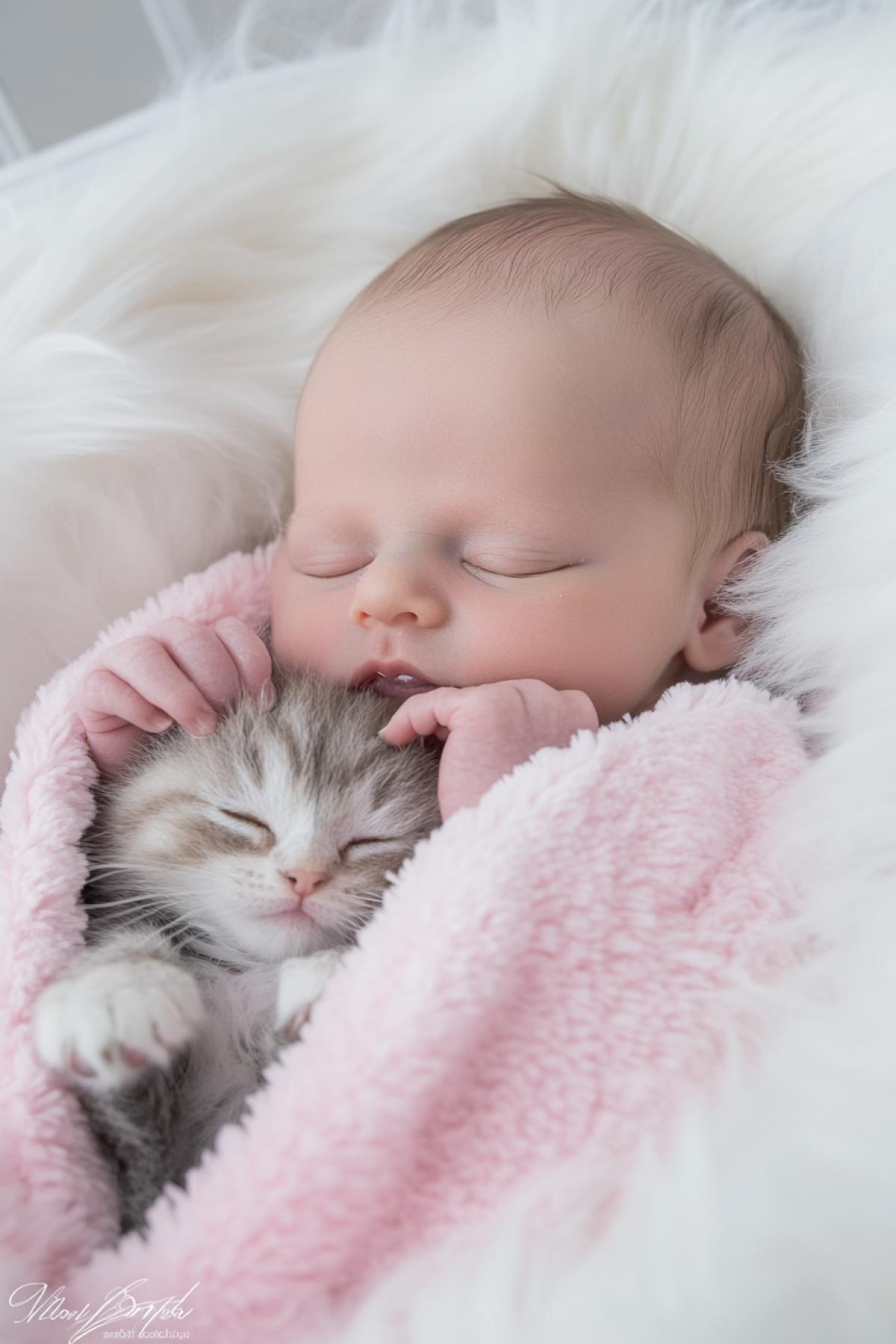 A cozy, dreamy scene of a small, adorable child sleeping peacefully in their crib, hugging a cute, fluffy ginger kitten. Both have gentle ginger-colored hair and fur. The room is softly illuminated with warm golden sunlight filtering gently through a window, creating a magical, comforting atmosphere. Toys scattered lovingly around the crib, details rich and soft, evoking tenderness and warmth. Highly detailed, cinematic, warm color palette, soft lighting, serene and heartwarming mood.
