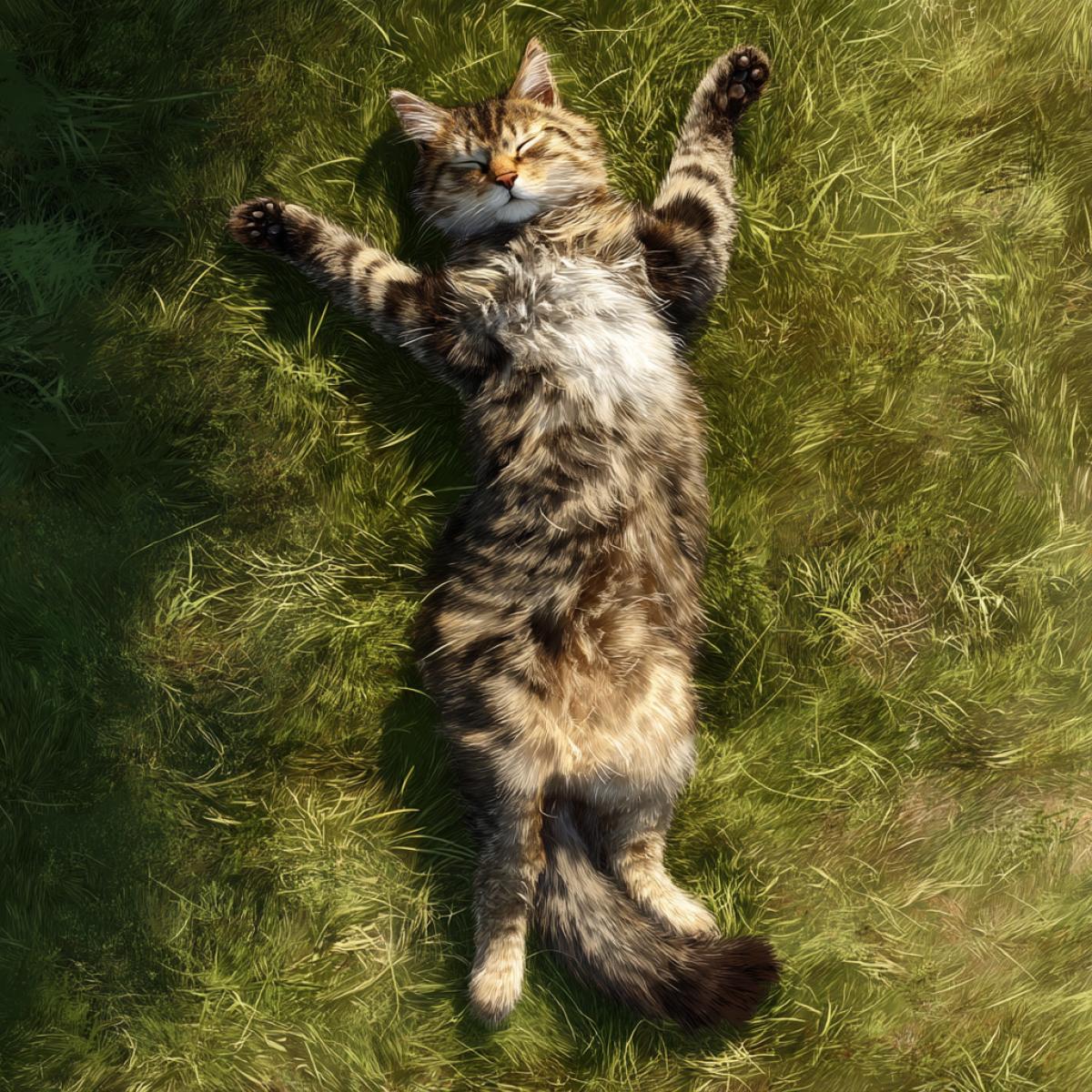 The sleeping cat stretched out to its full height in the sun, on the lawn, fluffy, happy, paws, high detail, realistic graphics