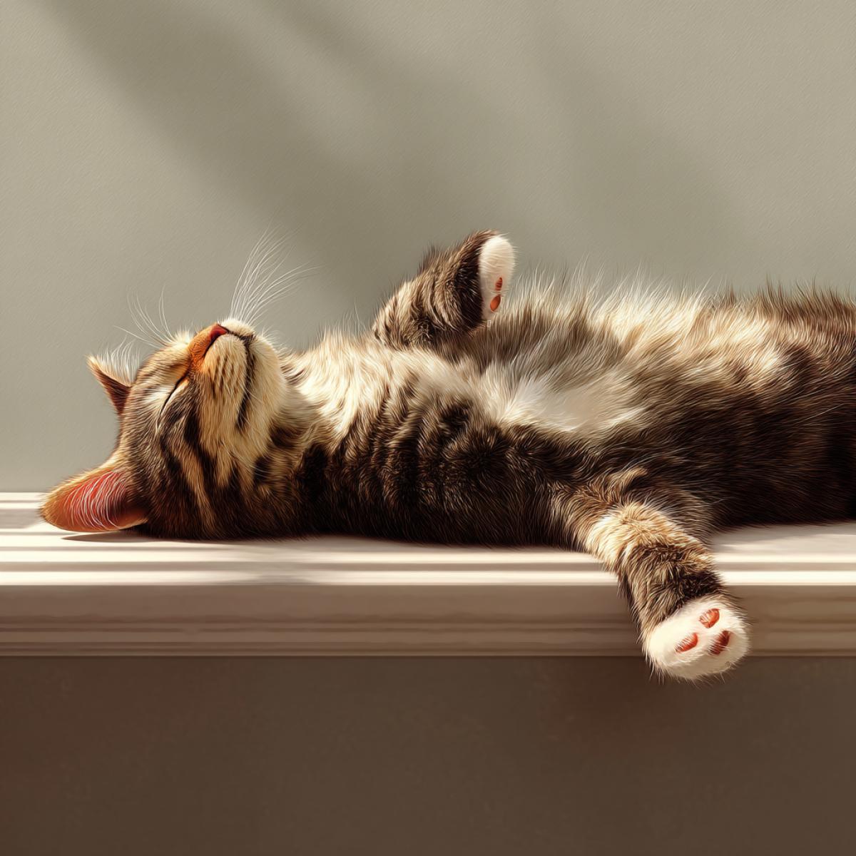 The sleeping cat stretched out to his full height in the sun, fluffy, happy, paws, high detail, realistic graphics