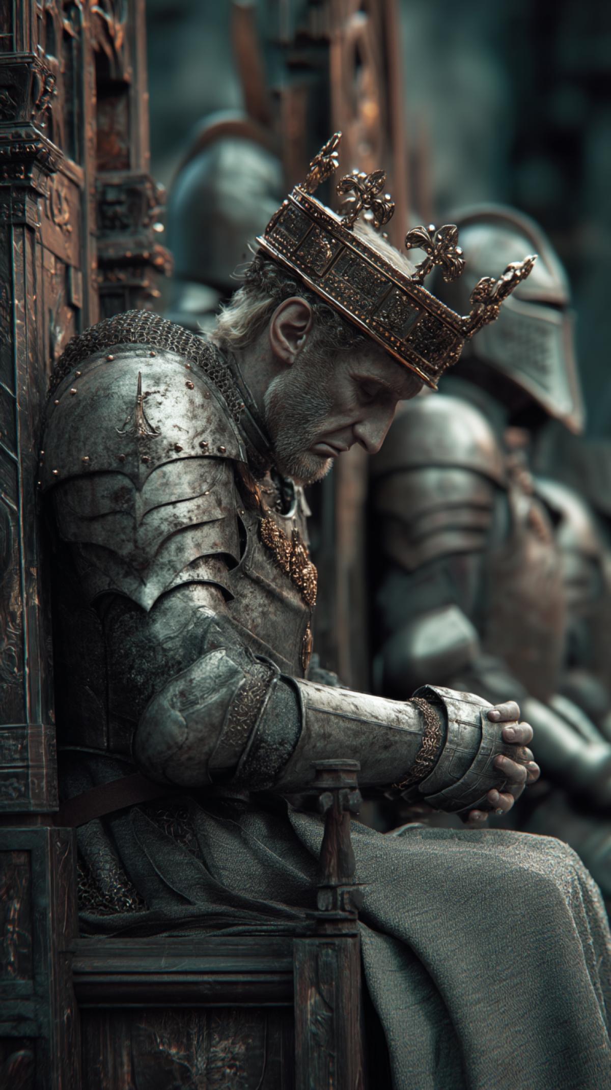 The old king fell asleep on his throne. a crown on his head. guards in armor. photoshop. hyperdetalization. cinematography