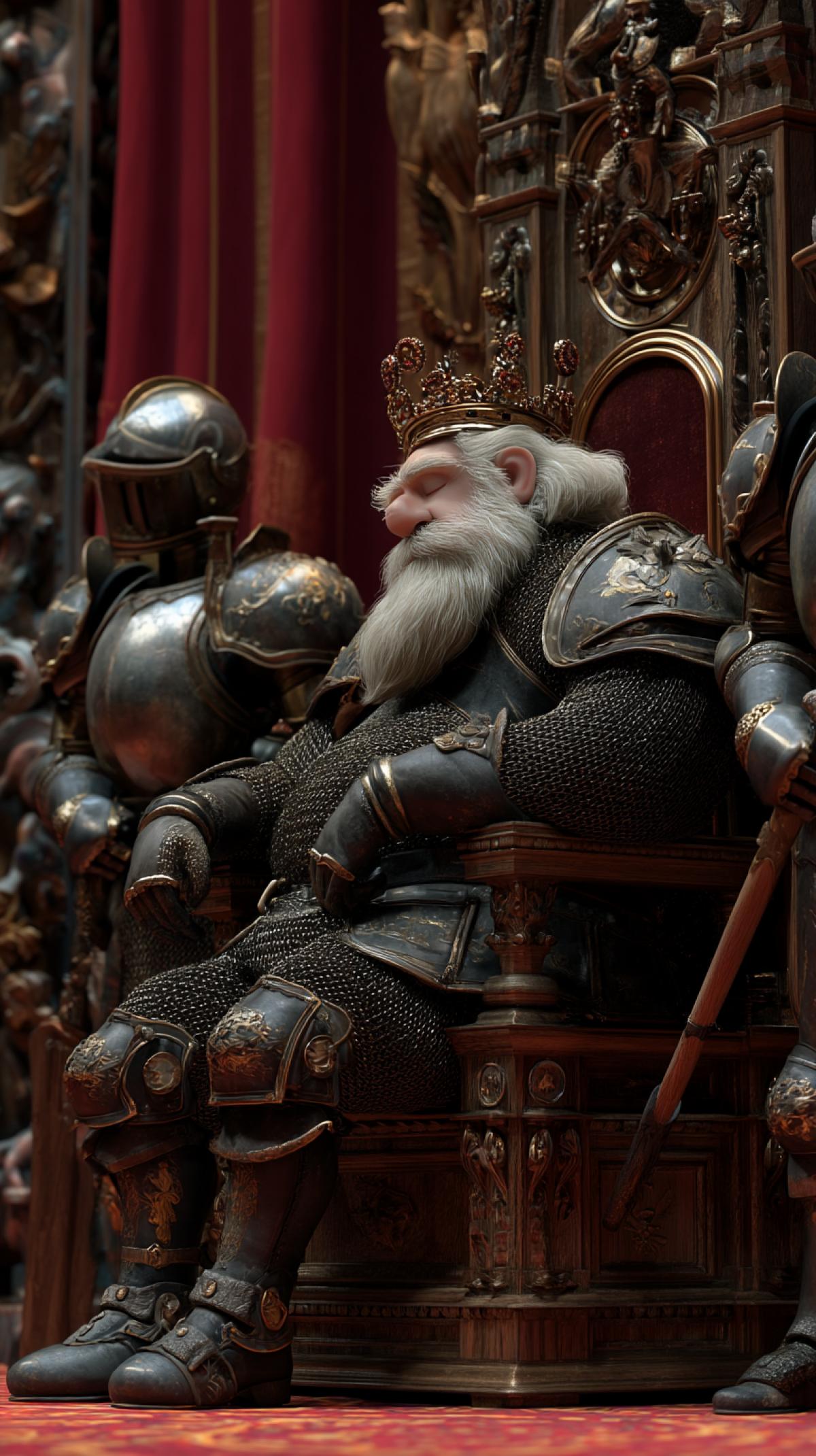 The old king fell asleep on his throne. He has a crown on his head. guards in armor. 3d rendering of Pixar Disney