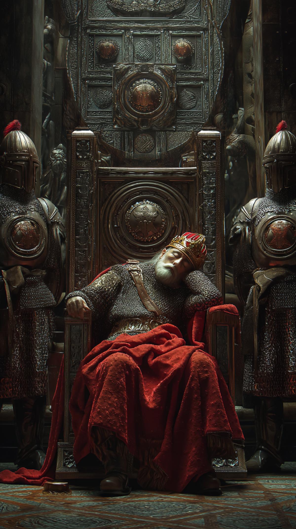 The old king fell asleep on his throne. a crown on his head. guards in armor. photoshop. hyperdetalization. cinematography