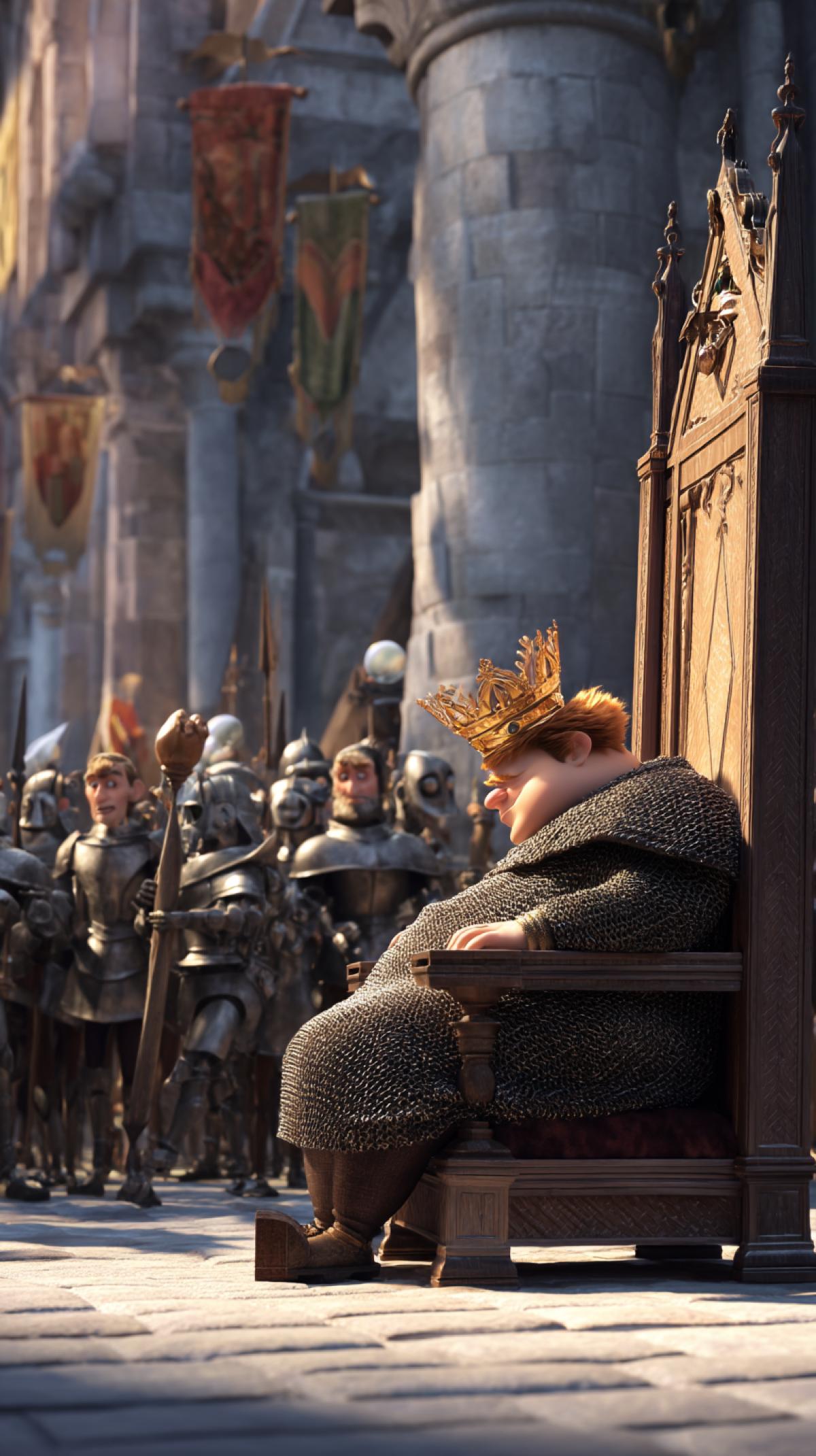 The old king fell asleep in his throne. the crown on the head is tilted. The kings retinue walks in silence. guards in armor. a luxurious castle. Its a funny scene. Pixar Disney 3d rendering
