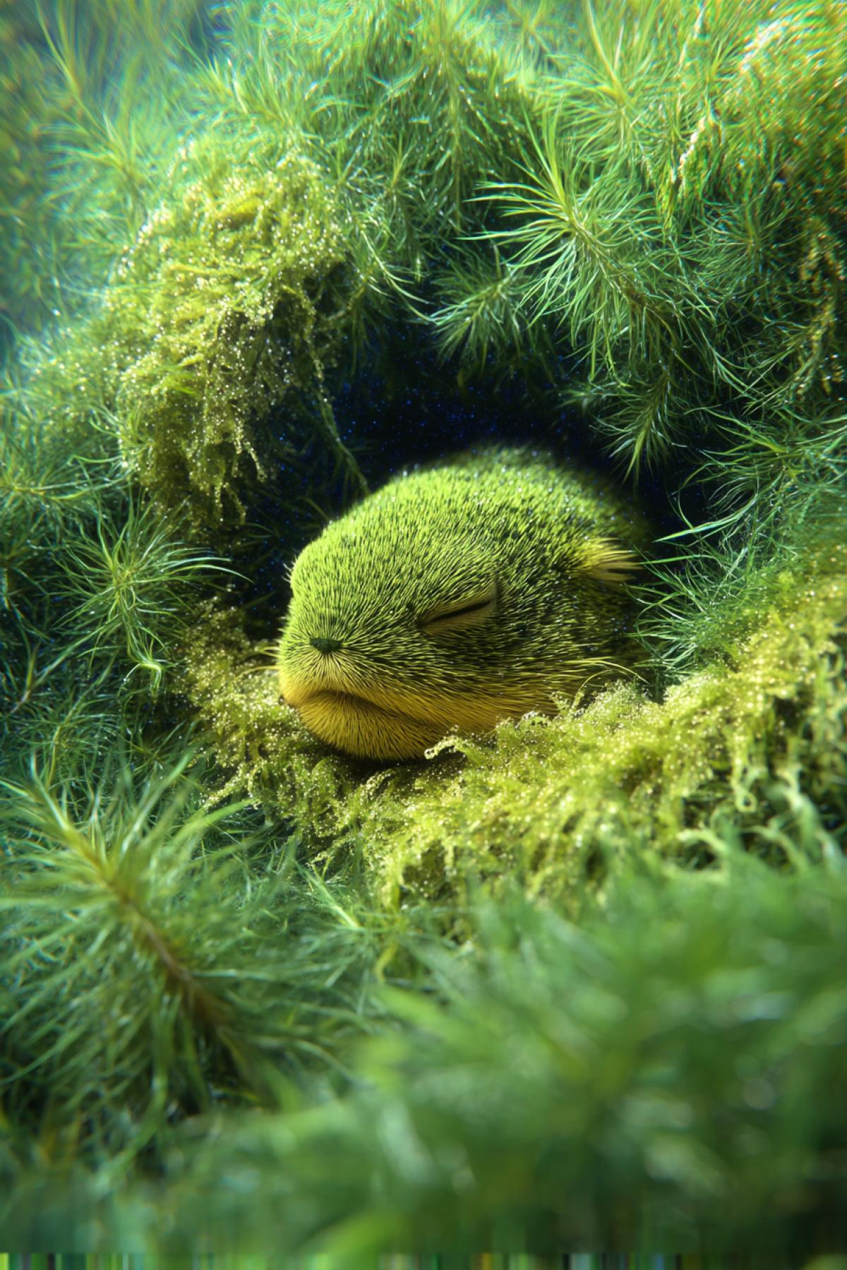 Sleeping furry fish in cozy algae