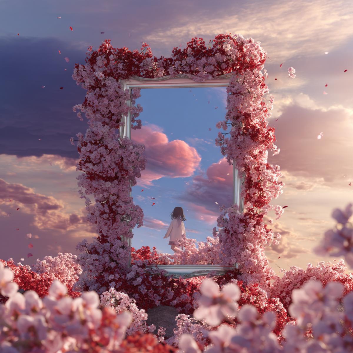 A picture frame made of white cherry blossoms, surrounded by purple clouds and vast cherry blossom fields. The scene is a fantasy full of dream atmosphere. In the center, there is a silver decorative mirror, below which stands a cute little girl, reflecting the blue sky and red clouds. It features anime with soft and dreamy colors, as well as fantastic fantasy elements. This photo was taken using a Canon EOS R5 camera and RF80mm F2