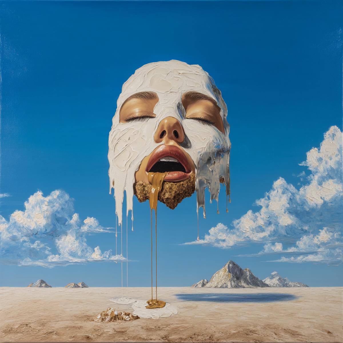 A surreal painting of a face melting off into an island floating in mid-air, dripping with melting cream in the style of Salvador Dalí. A womans head with eyes closed and lips parted sits atop the scene. The sky is blue with white clouds, and the ground below is covered in brown sand. Small islands are scattered across the horizon, creating a dreamlike atmosphere