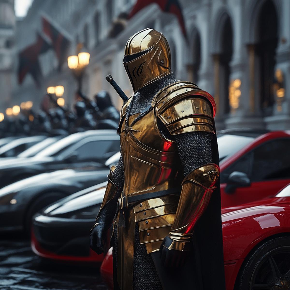 The medieval knight in armor fell into the modern world and stands among the steep and expensive cars