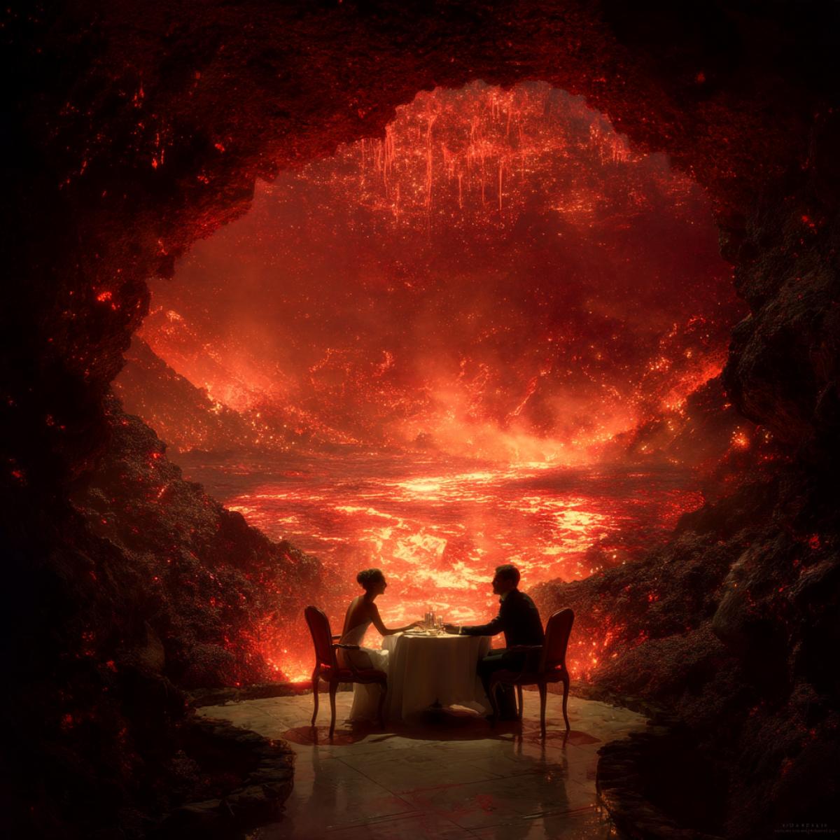 Inside the volcano there is a table, a romantic date, a man and a woman are sitting, they hold hands, a hot atmosphere, high detail, photo Realist schedule