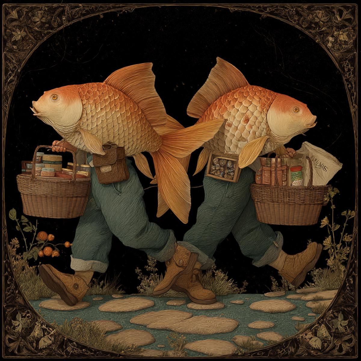 Pisces live on land, walk on two legs, go shopping, with baskets, choose products, high detail, realistical graphics