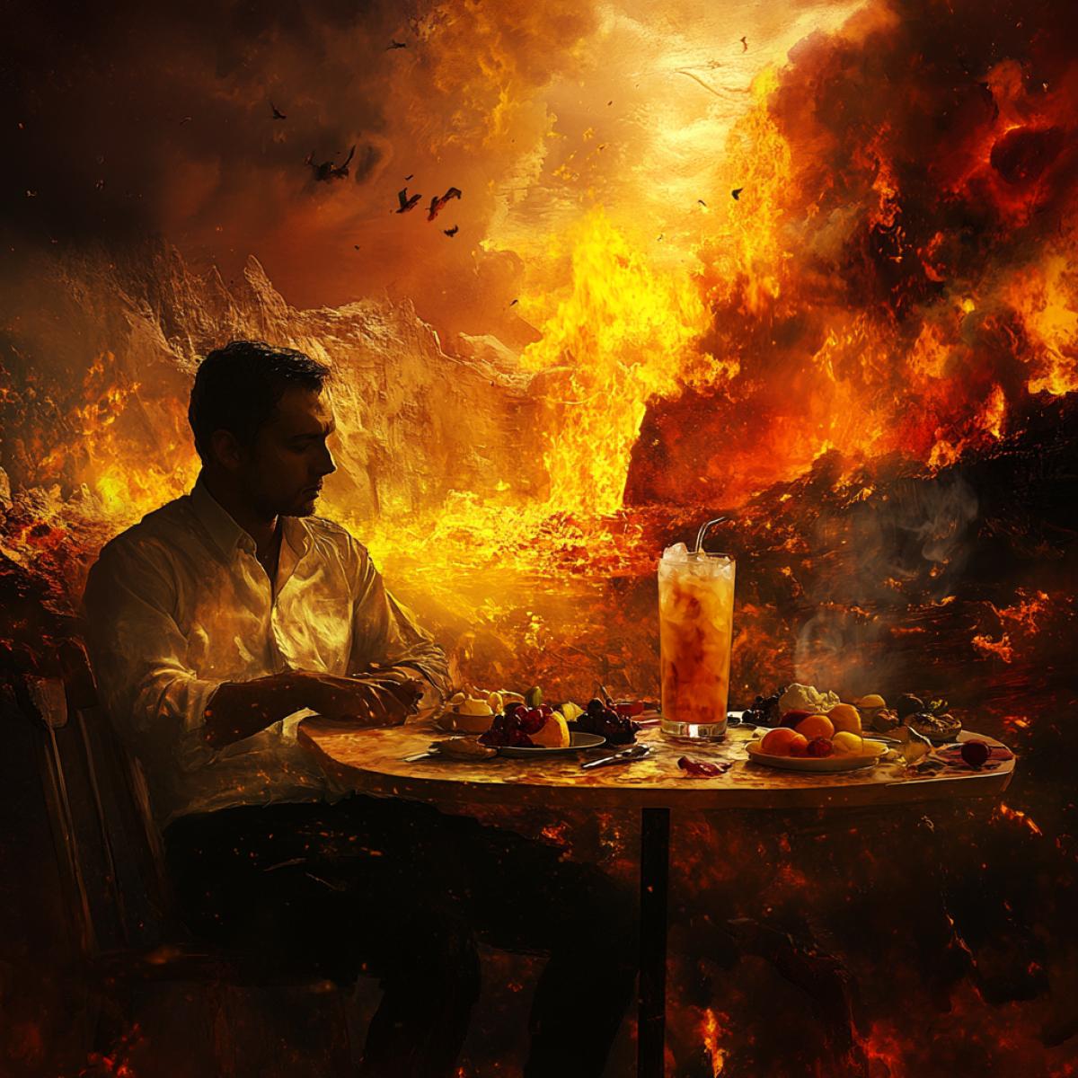 A man in a fiery hell sits and lunch. On the table is lemonade with ice, fruits and ice cream. Fire and hot