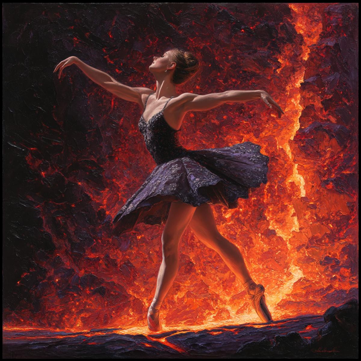 Ballerina dances in lava, hot atmosphere, bright colors, exquisite figure, high detail, hyperreal graphics