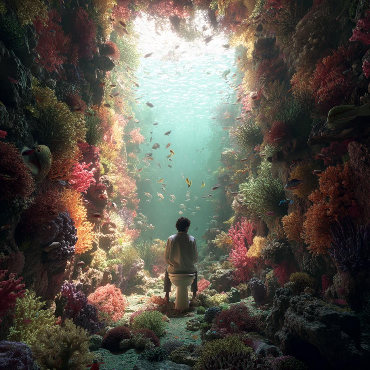 A person sits on toilet at the bottom of the ocean, he is surrounded by fish and corals, bright colors, high detail, and a realist schedule