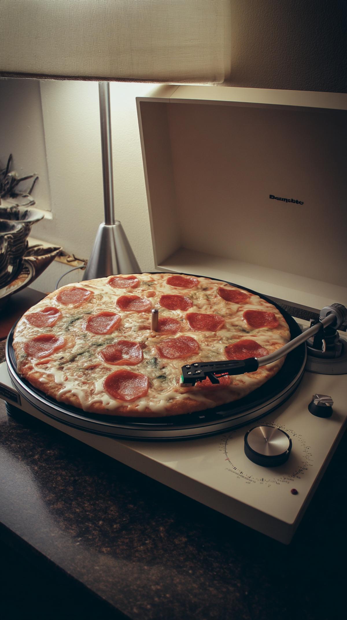 There is a vinyl record in the shape of a round pizza on the vinyl gram player.