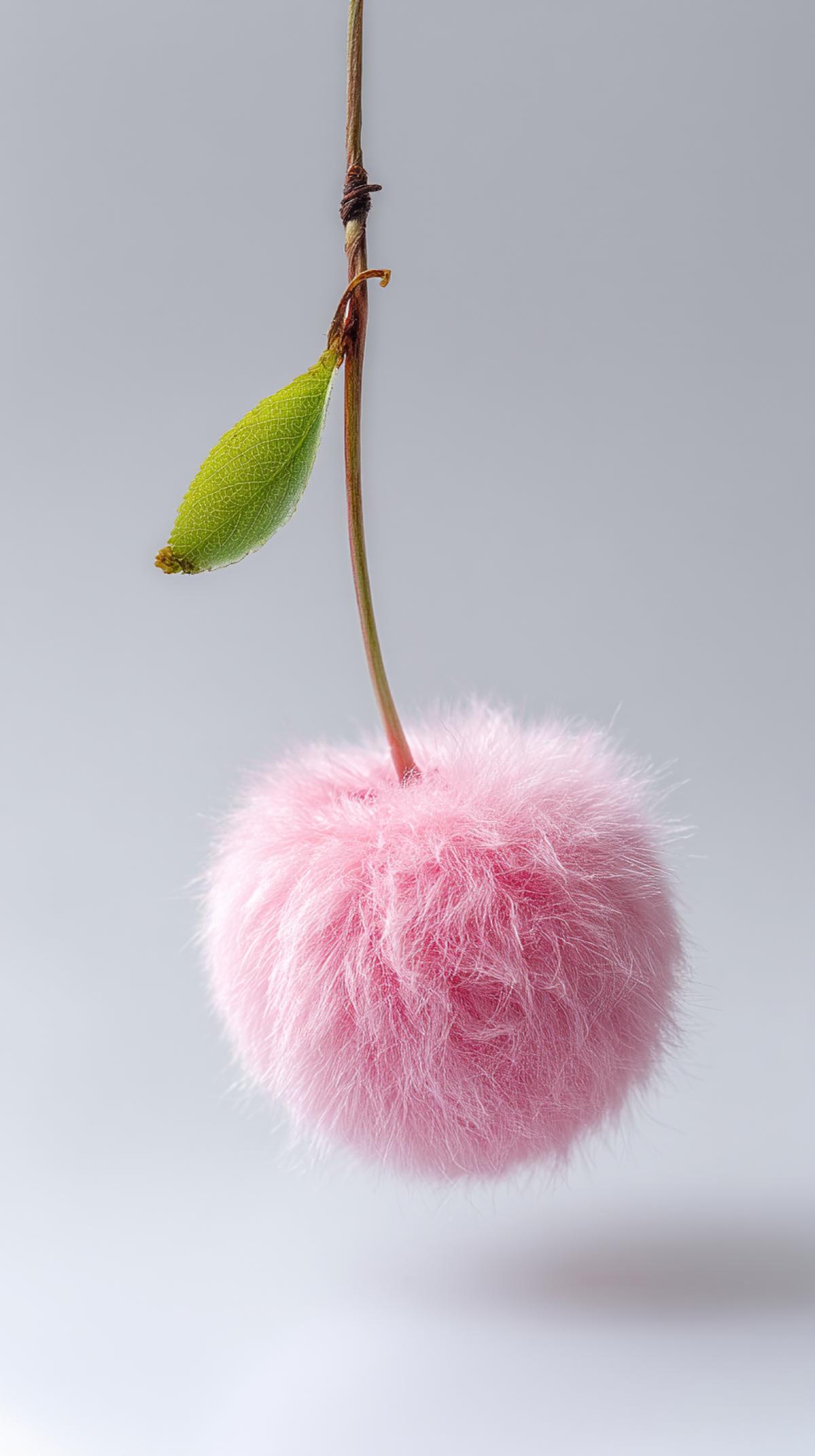 Cherry made of fur, cute pink, fluffy, on a white background. The color is light pink, the com4k is simple, the lighting is soft, and the quality is excellent. This award-winning work is a product photograph, a macro shot, in the style of a Nikon D850, with clear focus.