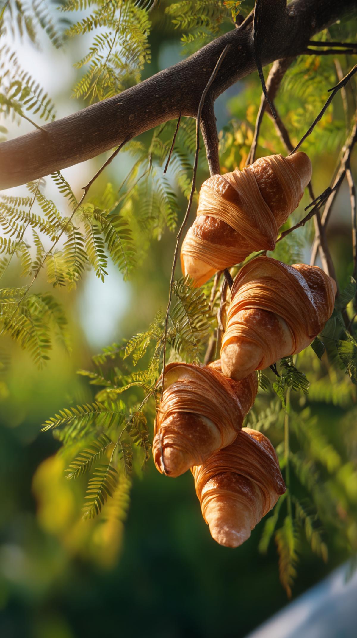 croissants are hanging on tree branches instead of fruits