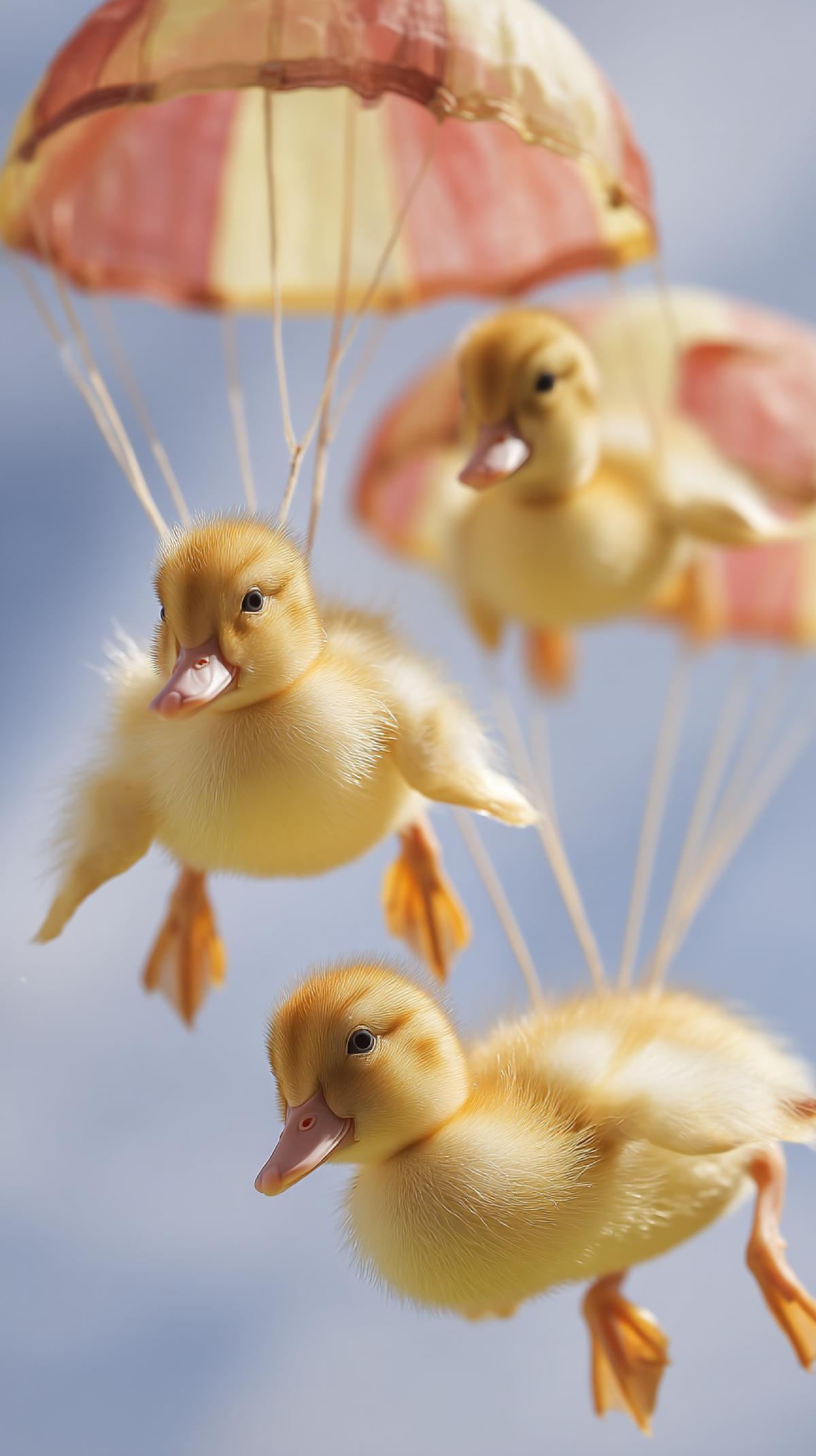 yellow newborns are cute and adorable ducklings in the sky on parachutes