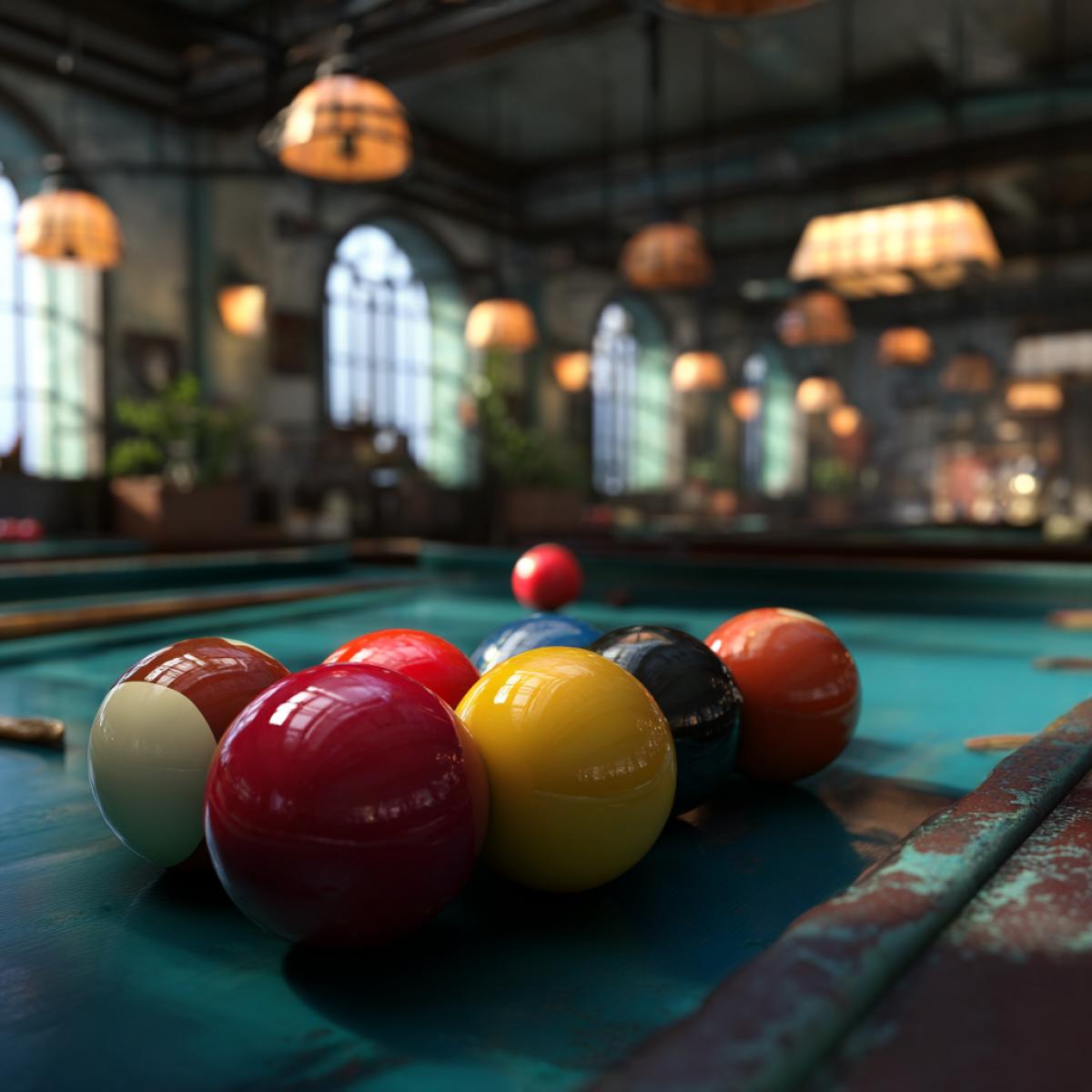 Aesthetics of billiards, bright colors, muffled light, photo realistic graphics, high detail