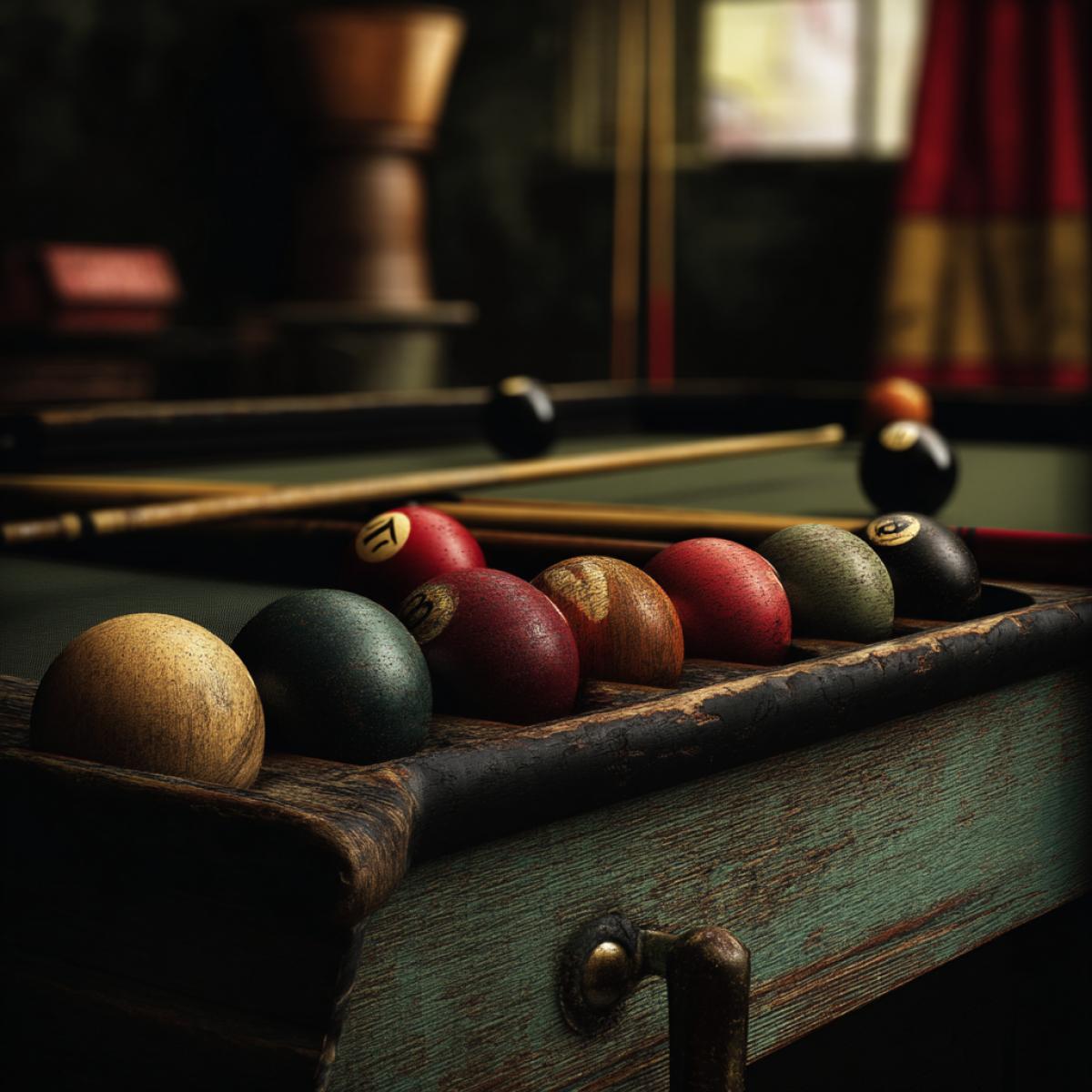 Billnings, traded balls, table, cue, gleamed colors, retro, muffled light, photo Realor graphics, high detail