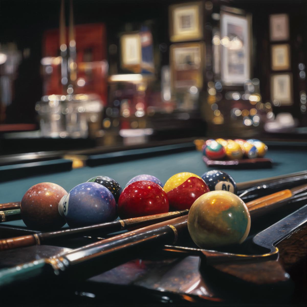 Billnings, traded balls, table, cue, gleamed colors, retro, muffled light, largescale picture, photo Realist graphics, high detail