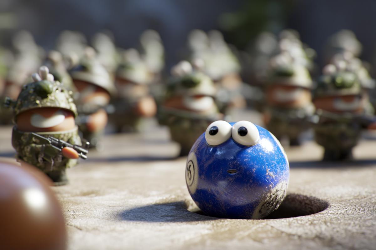A living billiard ball that comes out of the hole, a living billiard ball against the army of living Kyiv, Pixar