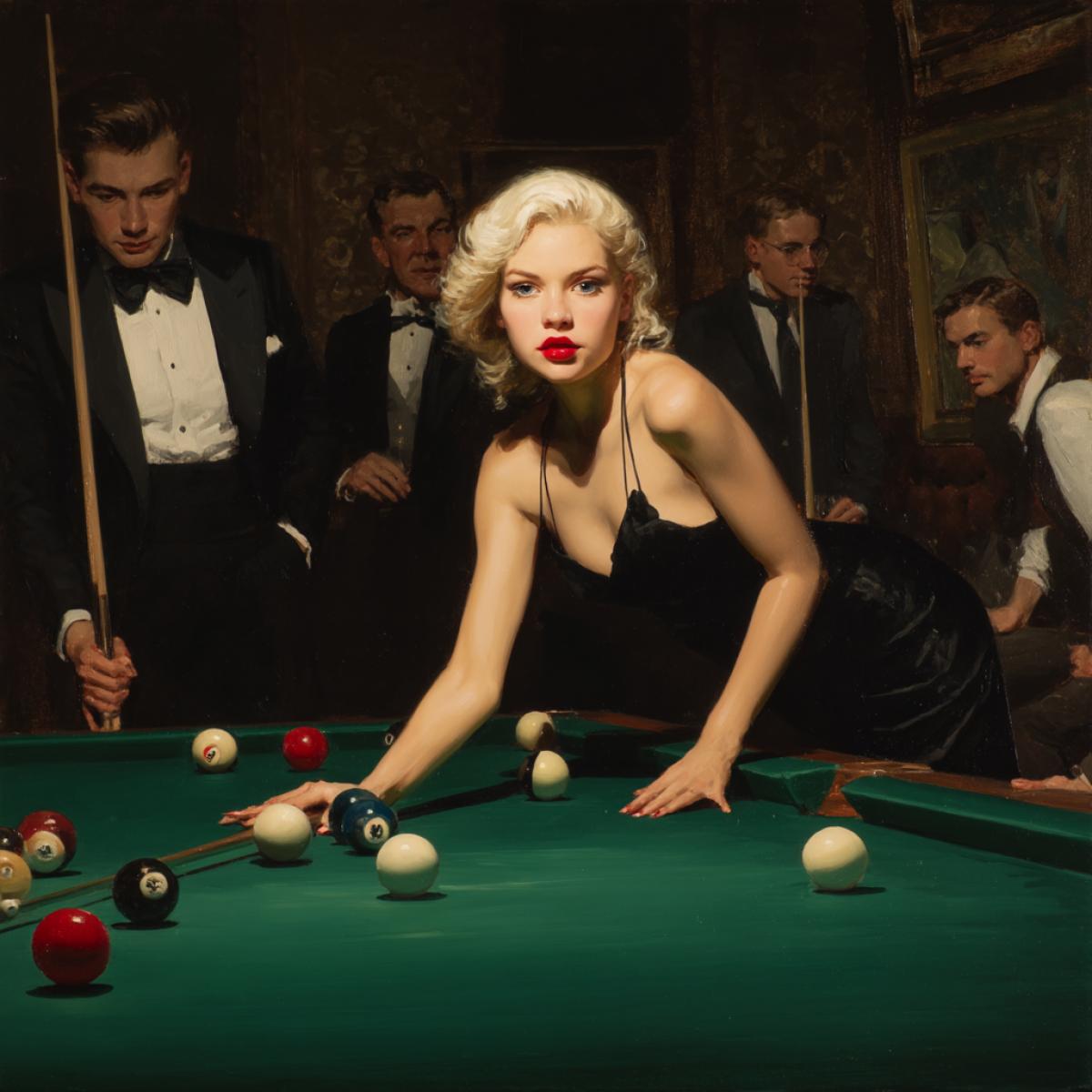 A beautiful blonde with painted red lips plays billiards with a man in a tuxedo in a billiard room. Adjusted men look at her. Realistic picture