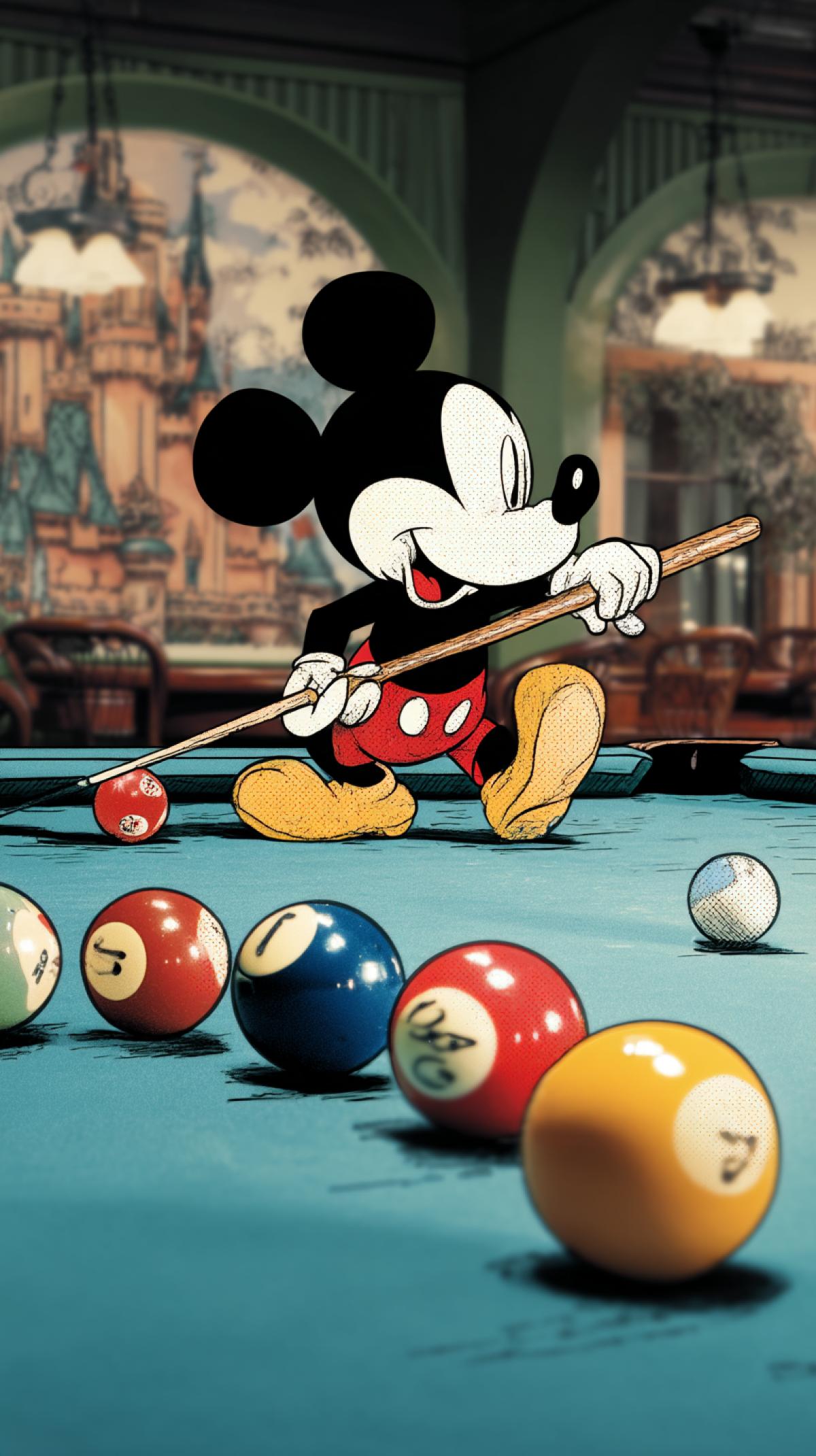 Mickey Mouse plays billiards at Disney