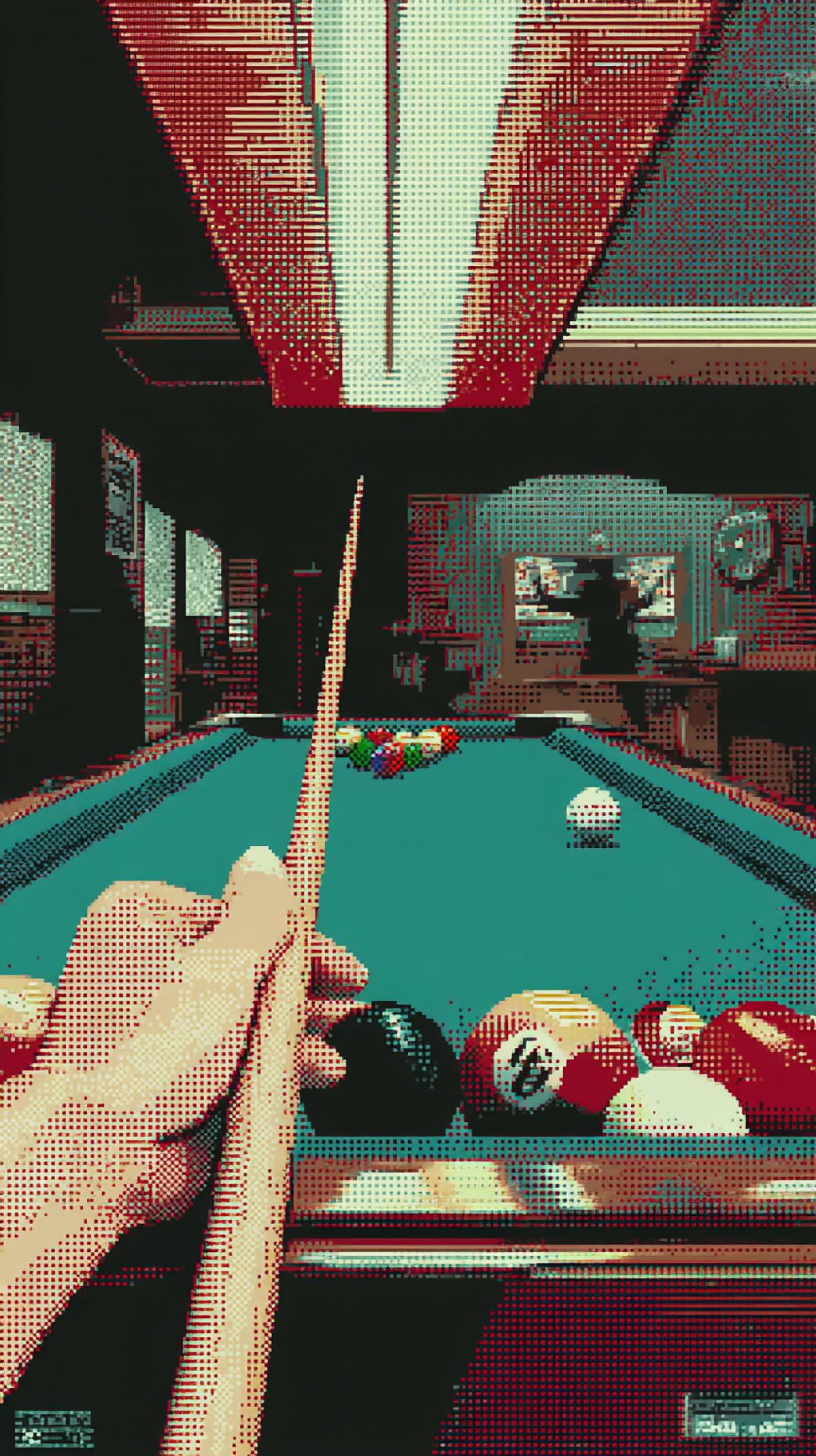 Screenshot from a retro video game in 2.5D format | from the first person | which shows hands holding a billiard cue in front of a billiard table | pixel [8-bit game] graphics s 50