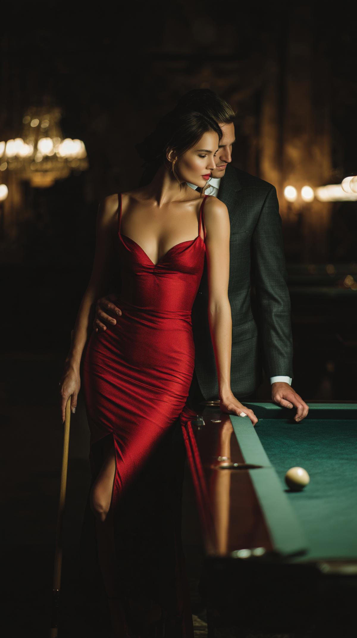 Elegant woman in red dress, , and heels, 4kly close to a man in a suit, billiards table in background, bokeh lights, luxurious setting, luxurious, subtle intimacy