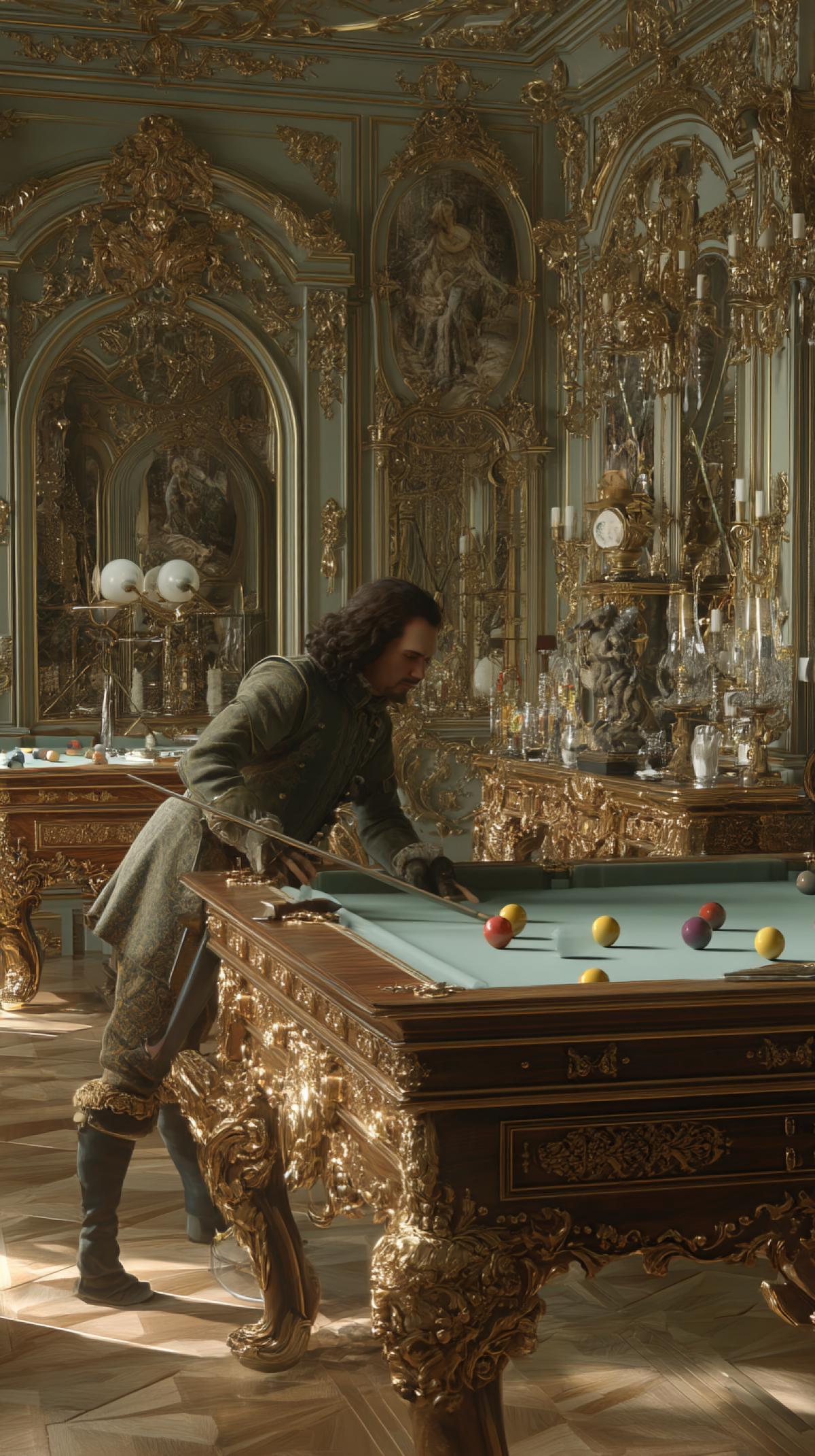 Peter the Great playing billiards, opulent baroque style, highly detailed, 8k resolution, artstation