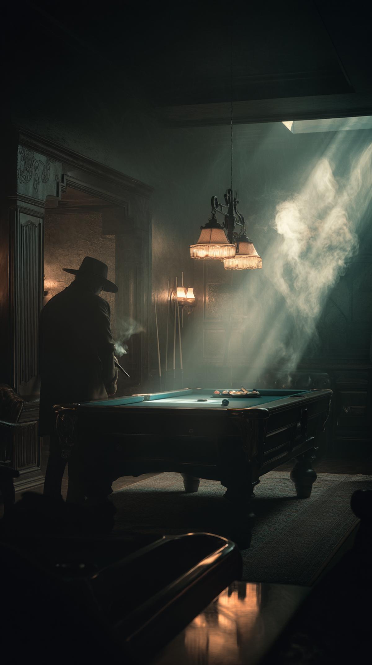 Dimly lit billiard room, smoky atmosphere, lonely figure of a cowboy with a cigar at the table, noir style, cinematic lighting
