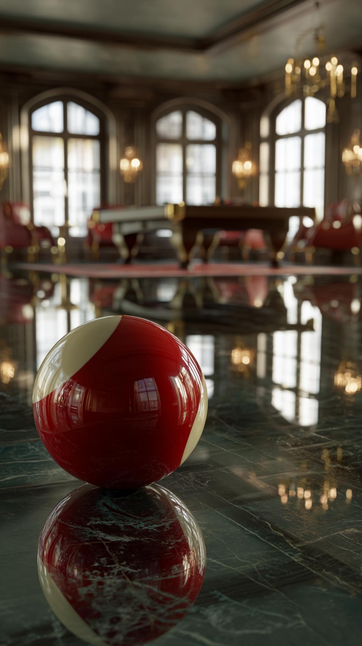A meticulously detailed rendering of a billiard ball, reflecting the surrounding room, hyperrealistic, 8k, octane render