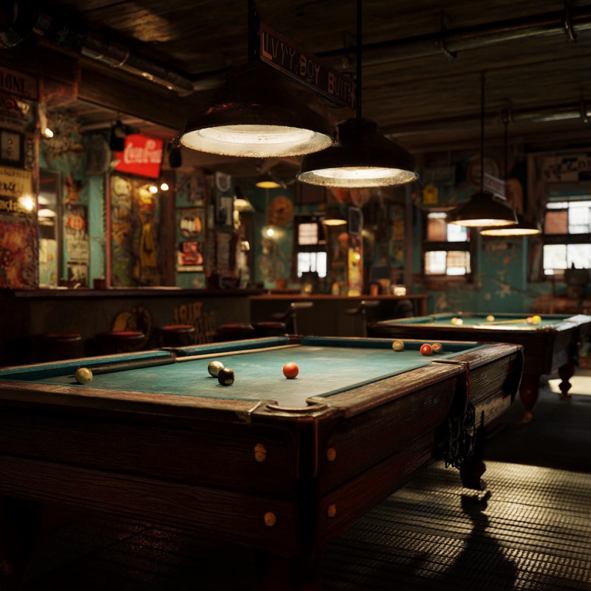 Billiards that have shy from time to time, retro atmosphere, high detail, photo realistic graphics