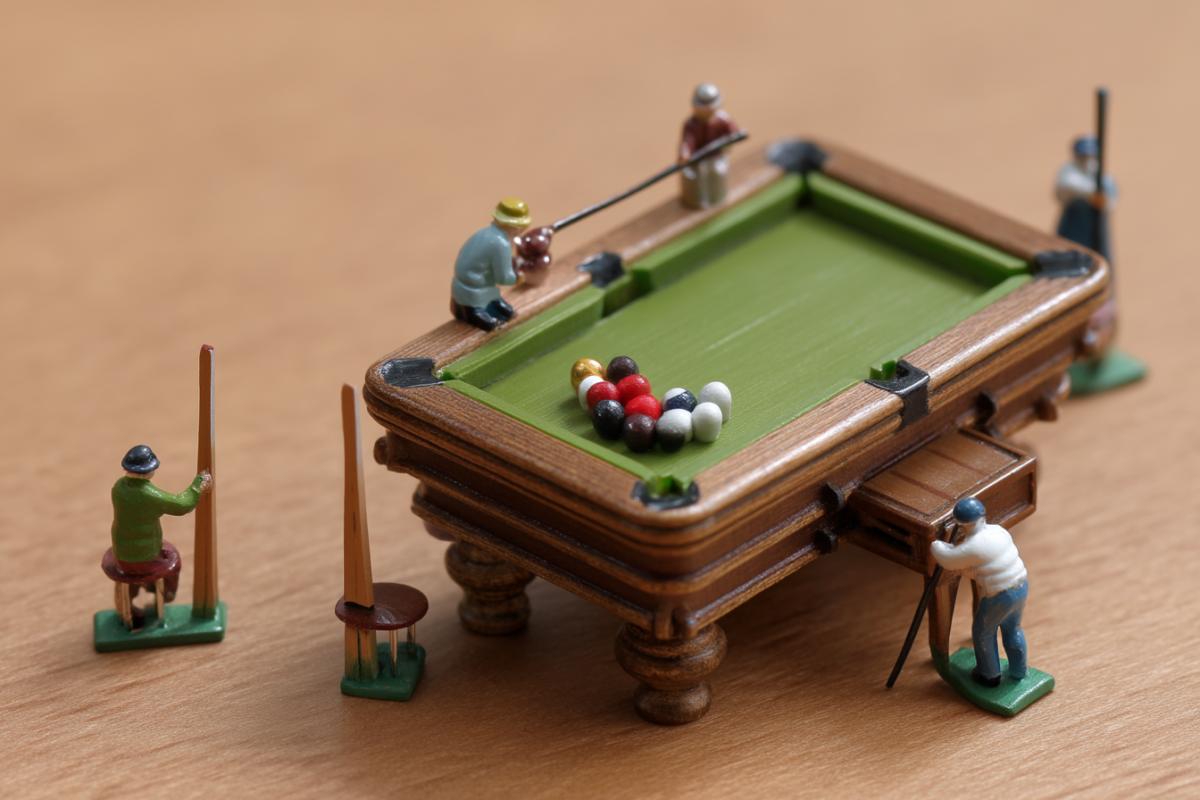 Children play small desktop billiards that simulates the present, but in a reduced size
