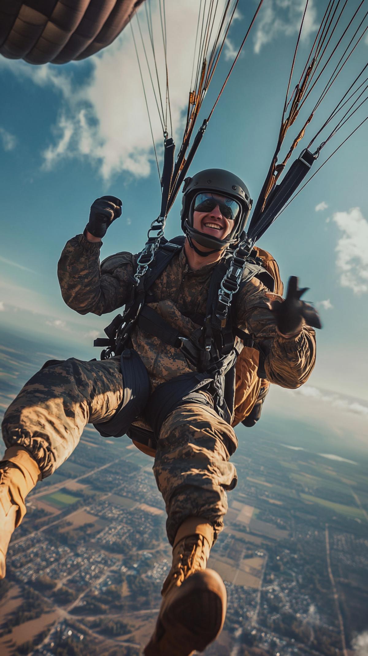 Closeup, in the foreground to portray a happy paratrooper. Imagine a bright and dynamic scene of parachute jumps. Create an image on which the energy and freedom of this exciting moment is captured. Send a sense of risk, adrenaline and the incredible beauty of the moment when a person soars in the air, feeling all the power of flight.
