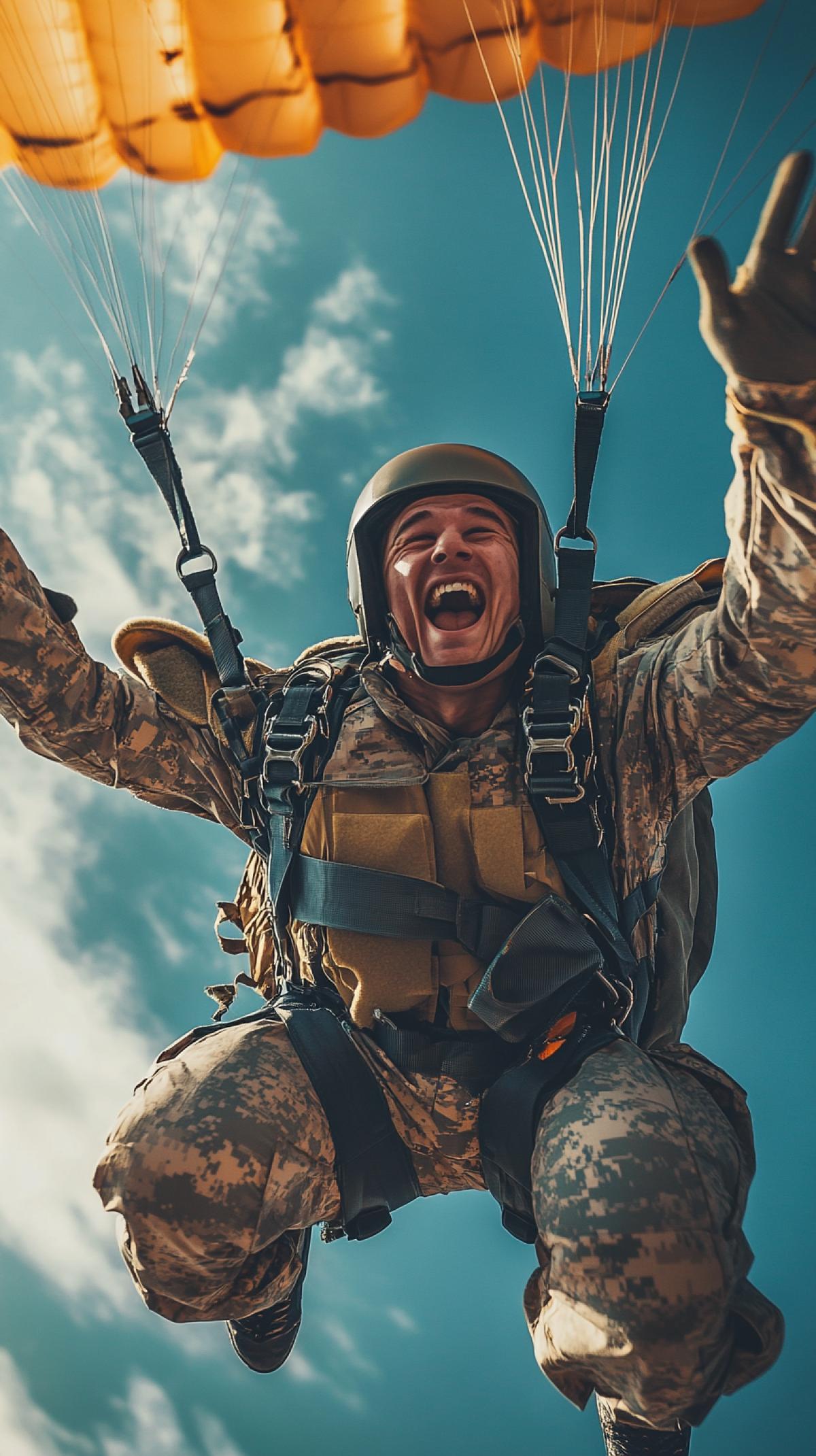 Closeup, in the foreground to portray a happy paratrooper. Imagine a bright and dynamic scene of parachute jumps. Create an image on which the energy and freedom of this exciting moment is captured. Send a sense of risk, adrenaline and the incredible beauty of the moment when a person soars in the air, feeling all the power of flight.