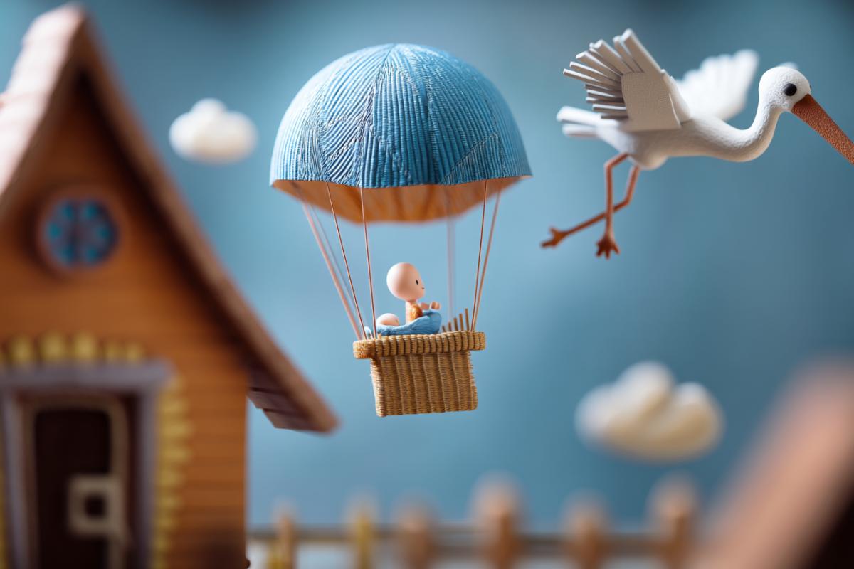 A baby in a parachute in a closeup house, a stork, Piksar flies nearby