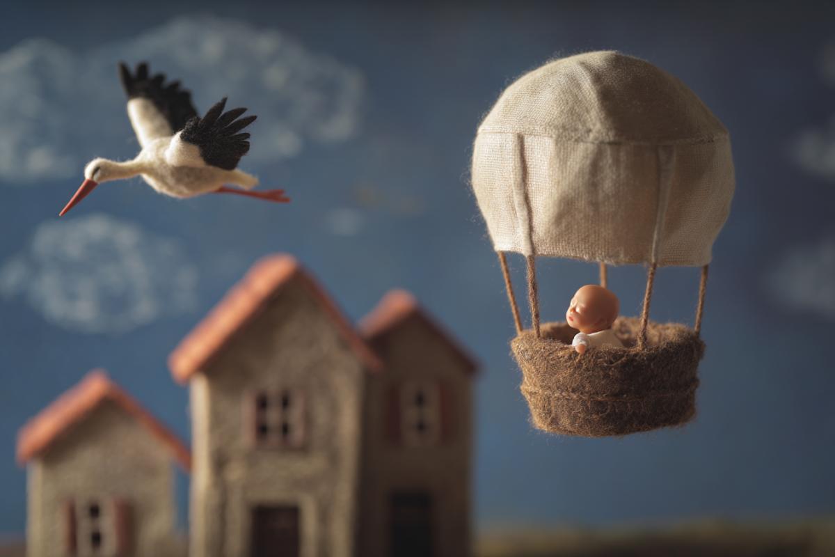 A baby in a parachute in a closeup house, a stork, Piksar flies nearby