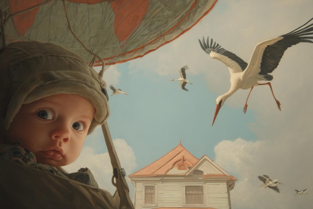 A baby in a parachute in a closeup house, a stork, Piksar flies nearby