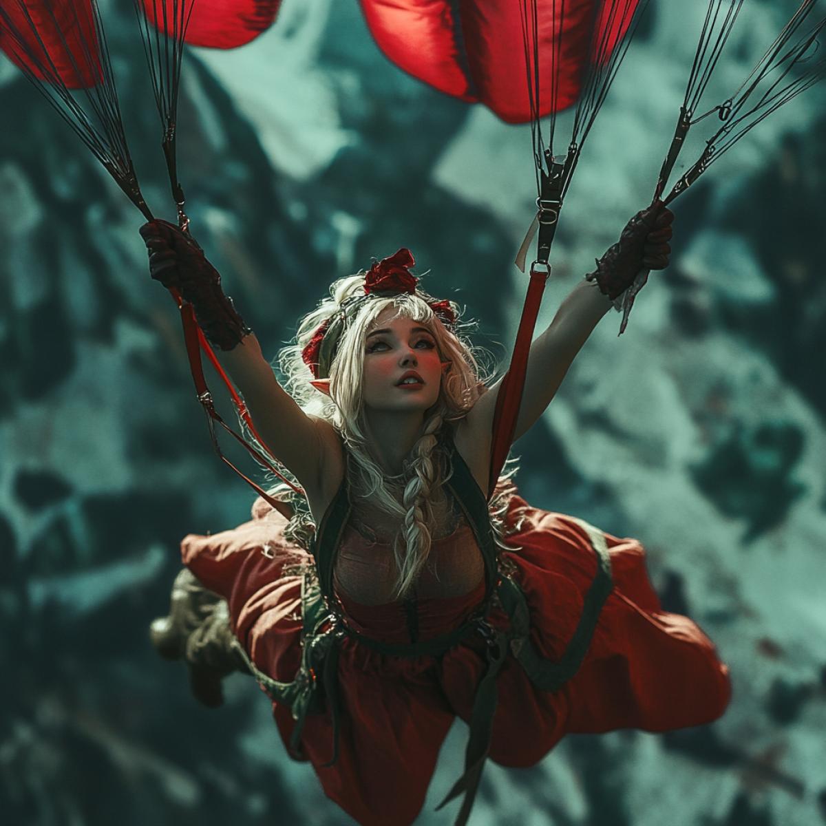 The beautiful girl elf flies with the first invented parachute, on her face joy, she experiences adrenaline