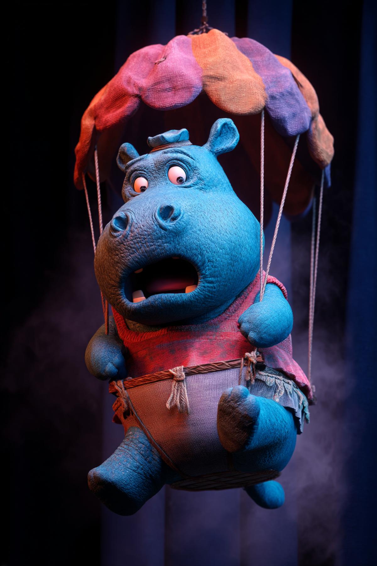 A frightened blue hippo on toilet jumps with a parachute