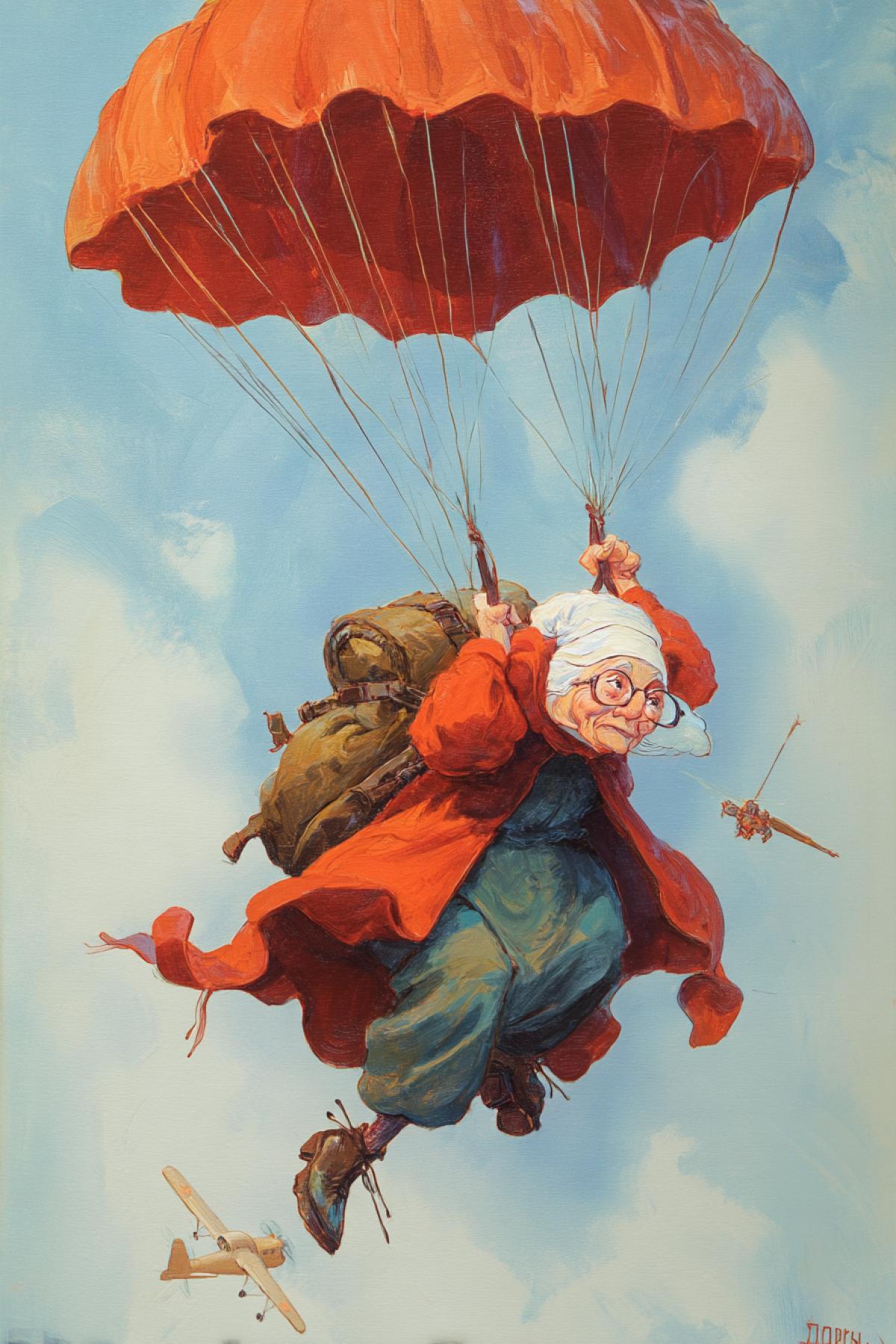 Old woman Shapoklyak from the Soviet cartoon jumps with a parachute
