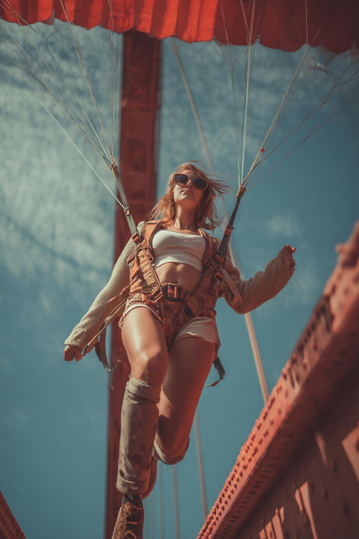 girl jumps with a parachute from the bridge, surrealism, closeup