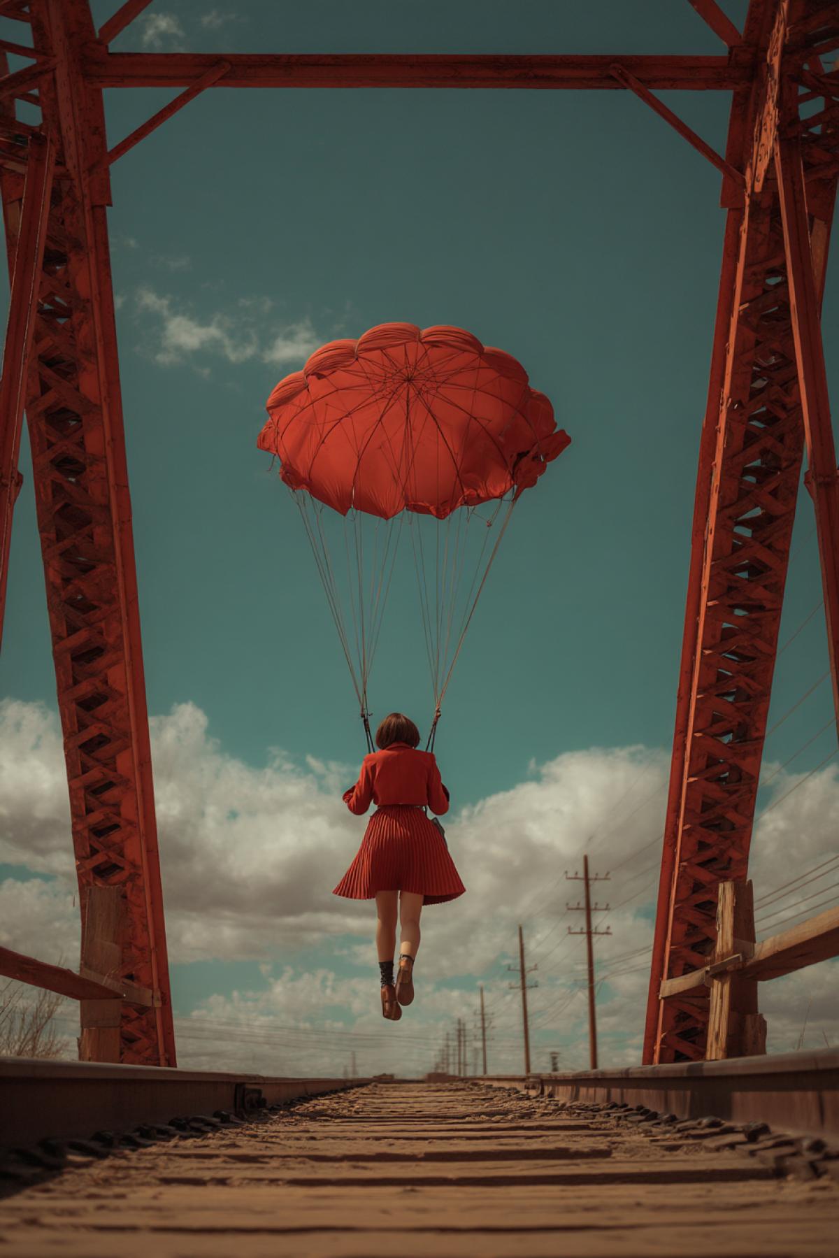 girl jumps with a parachute from the bridge, surrealism, closeup
