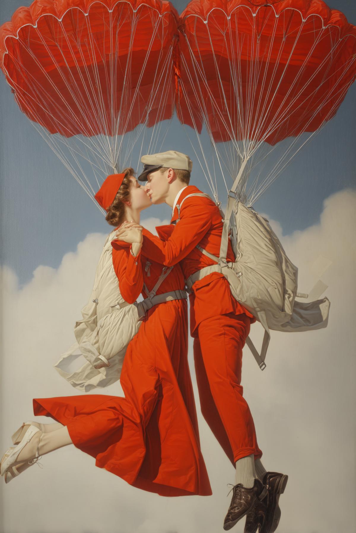 A couple in love jumps with parachutes, romance of surrealism, closeup