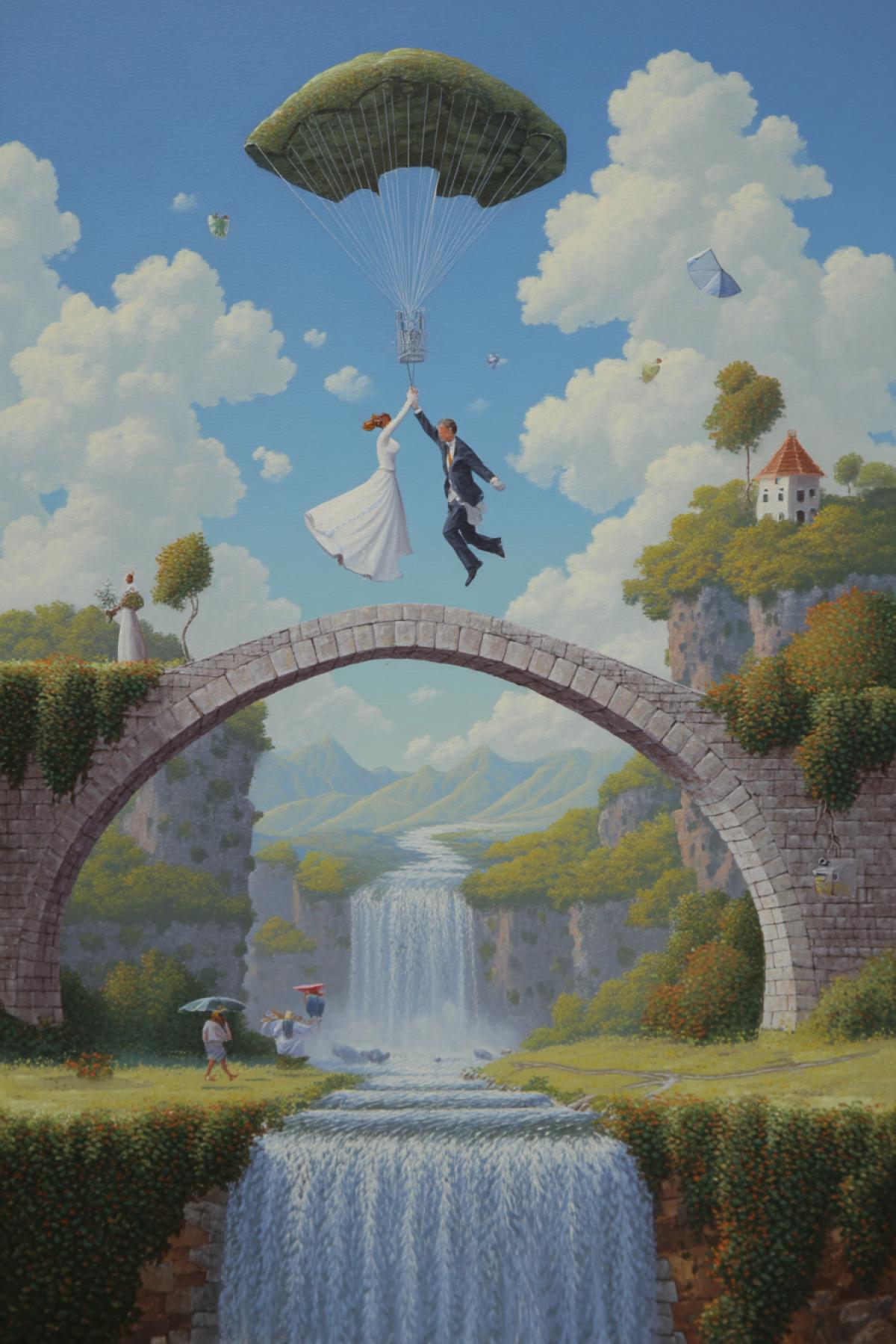 The bride and groom jump with a parachute over the waterfall, bridge, romance, surrealism